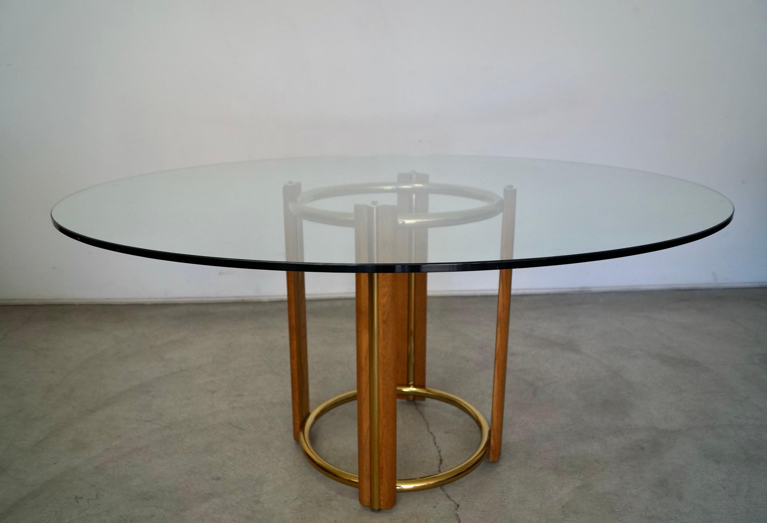 1970 Oak Oak, Brass, and Round Glass Dining Table 1