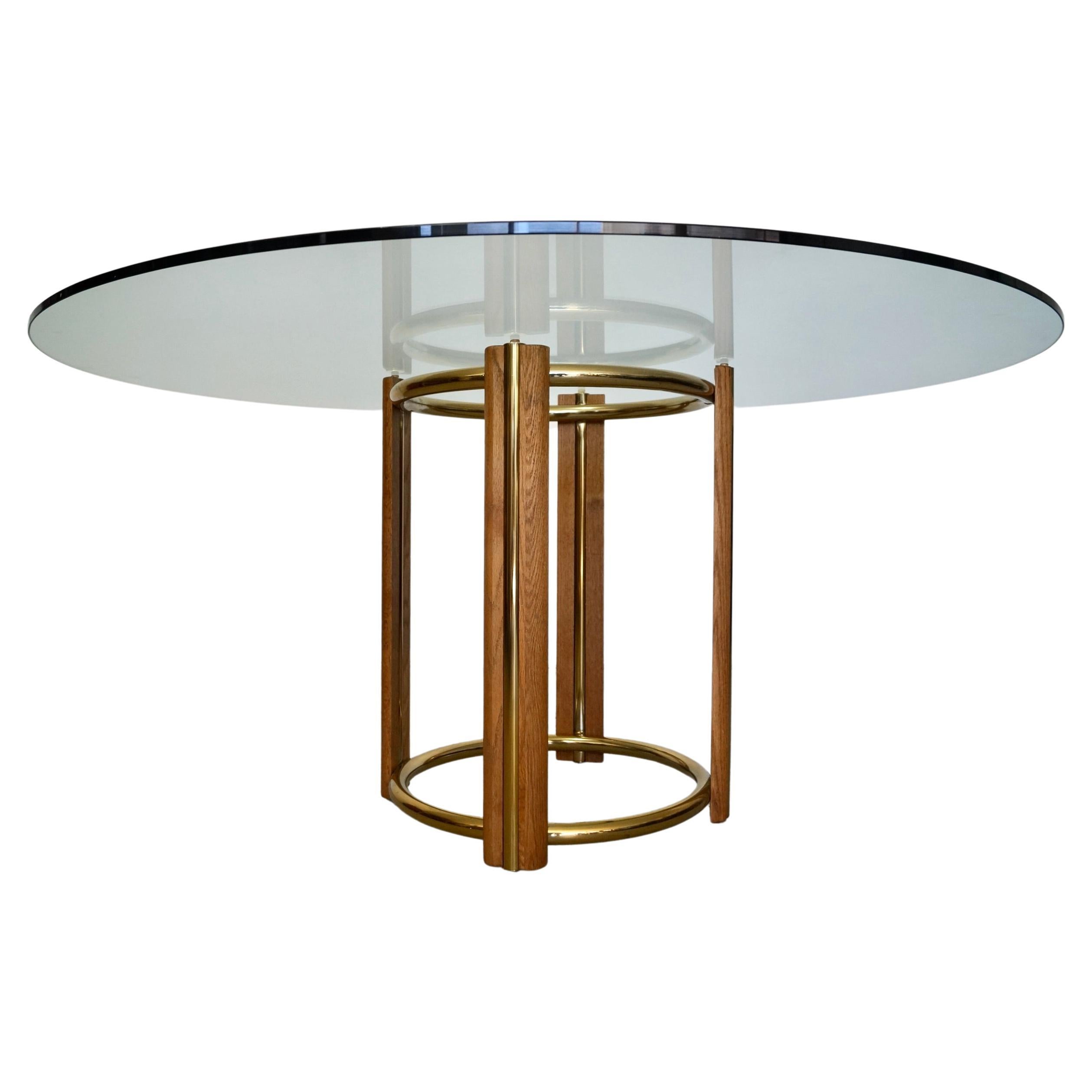 1970 Oak Oak, Brass, and Round Glass Dining Table