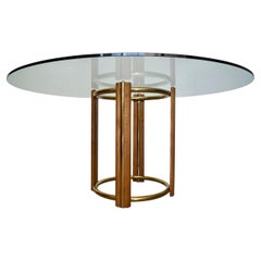 Vintage 1970s Oak, Brass, and Round Glass Dining Table