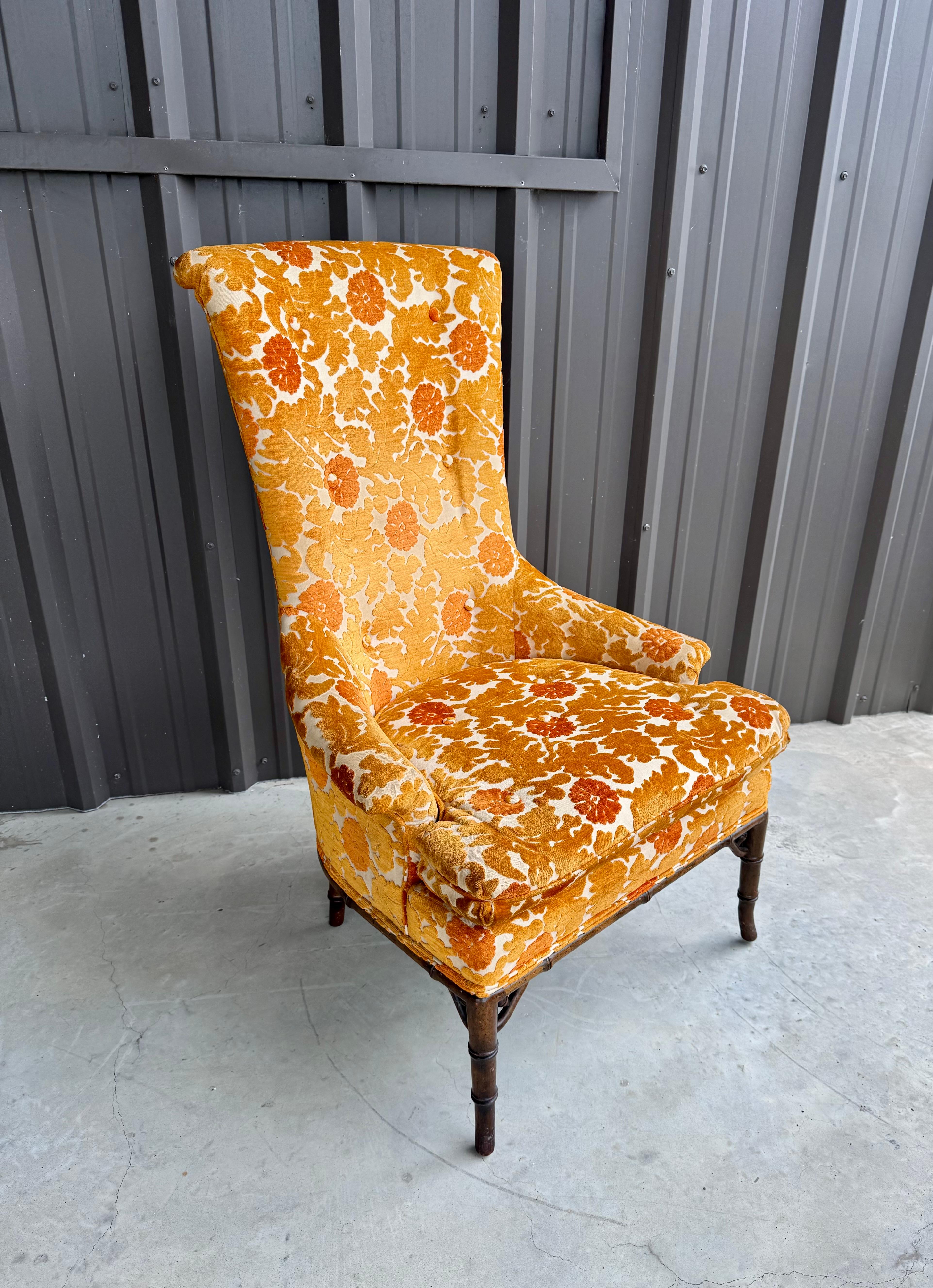 1970s Oak Faux Bamboo Orange Floral Velvet Tall Back Accent Lounge Arm Chair For Sale 4