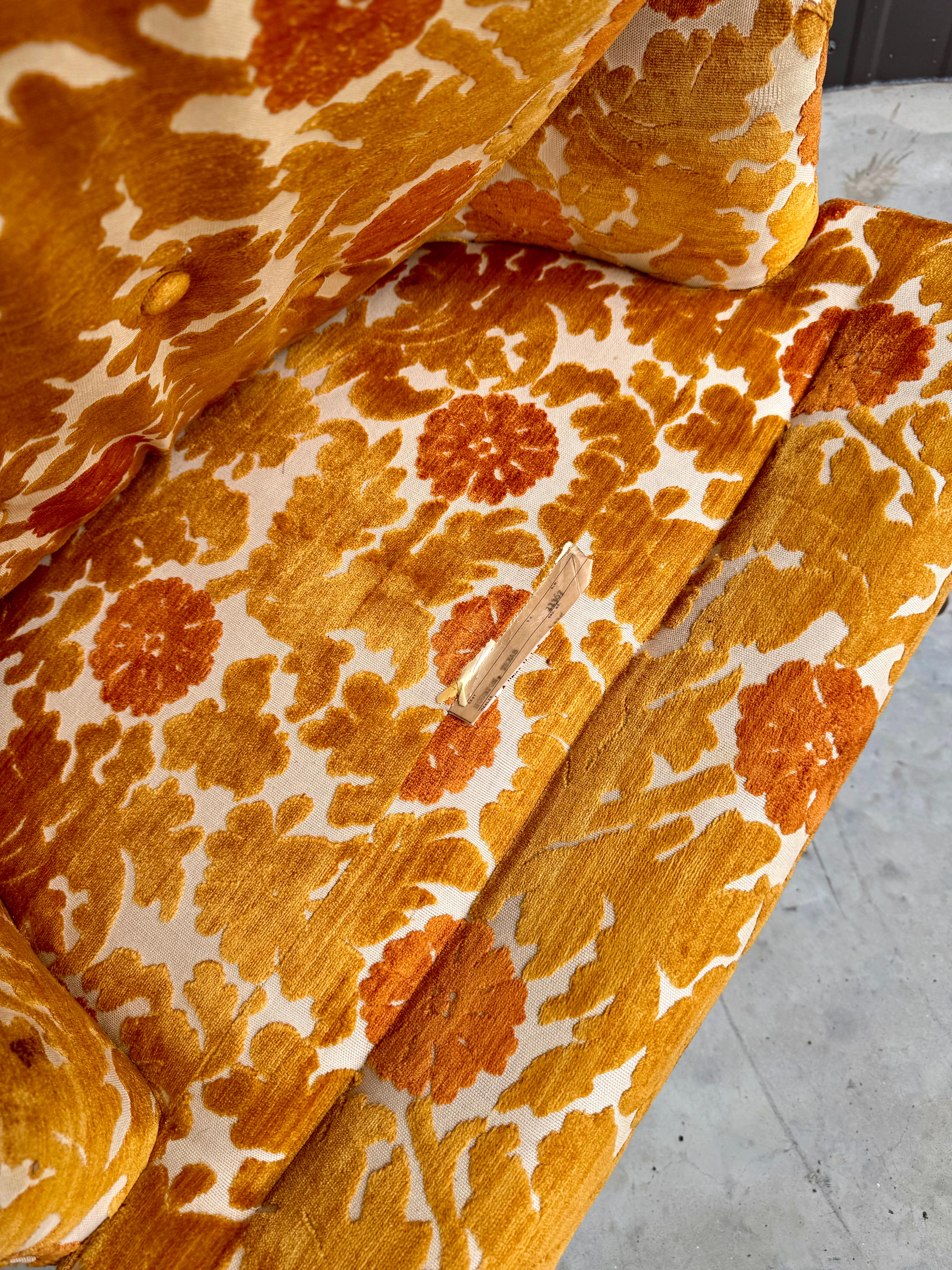 1970s Oak Faux Bamboo Orange Floral Velvet Tall Back Accent Lounge Arm Chair For Sale 5