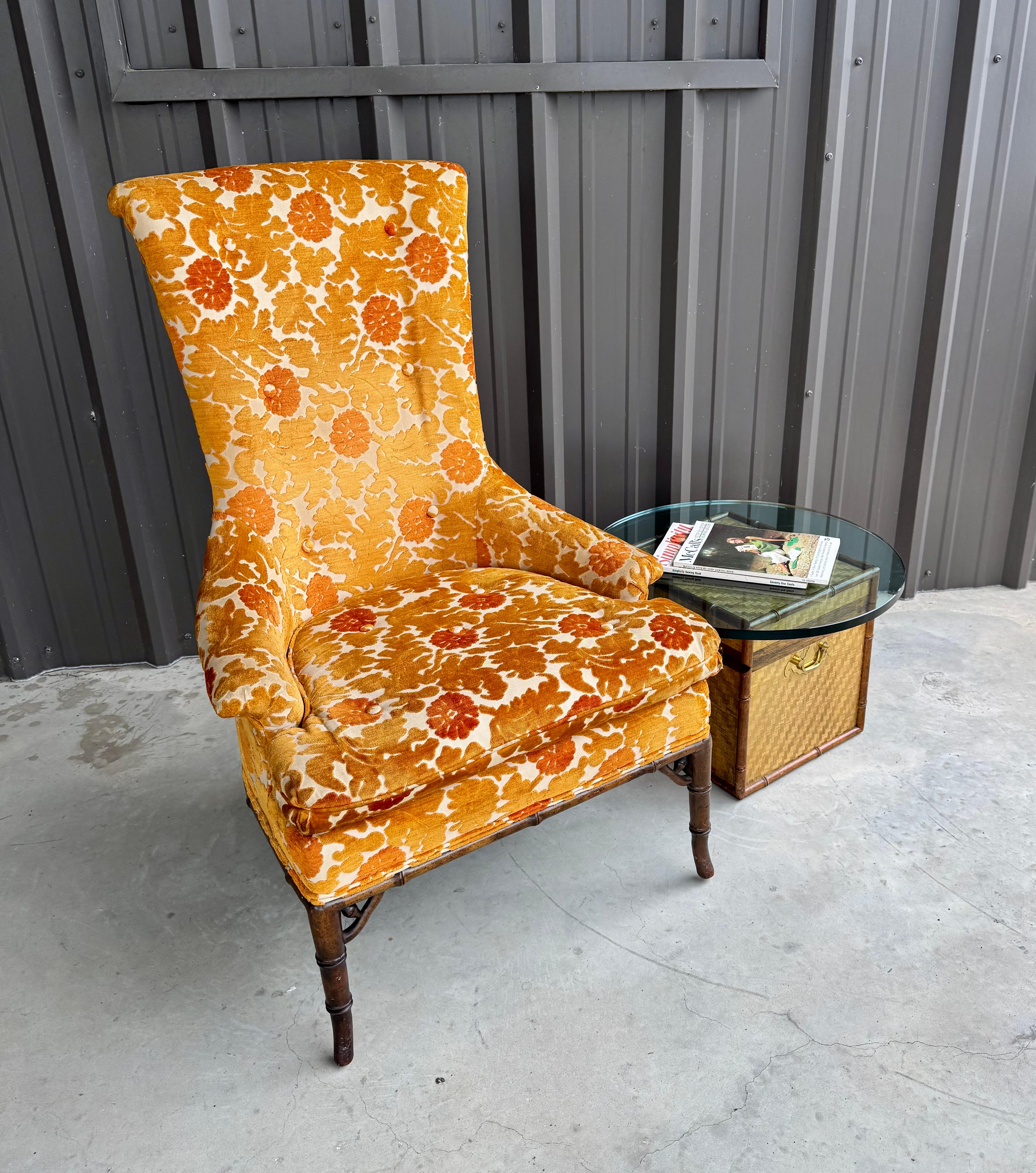 1970s Oak Faux Bamboo Orange Floral Velvet Tall Back Accent Lounge Arm Chair For Sale 7