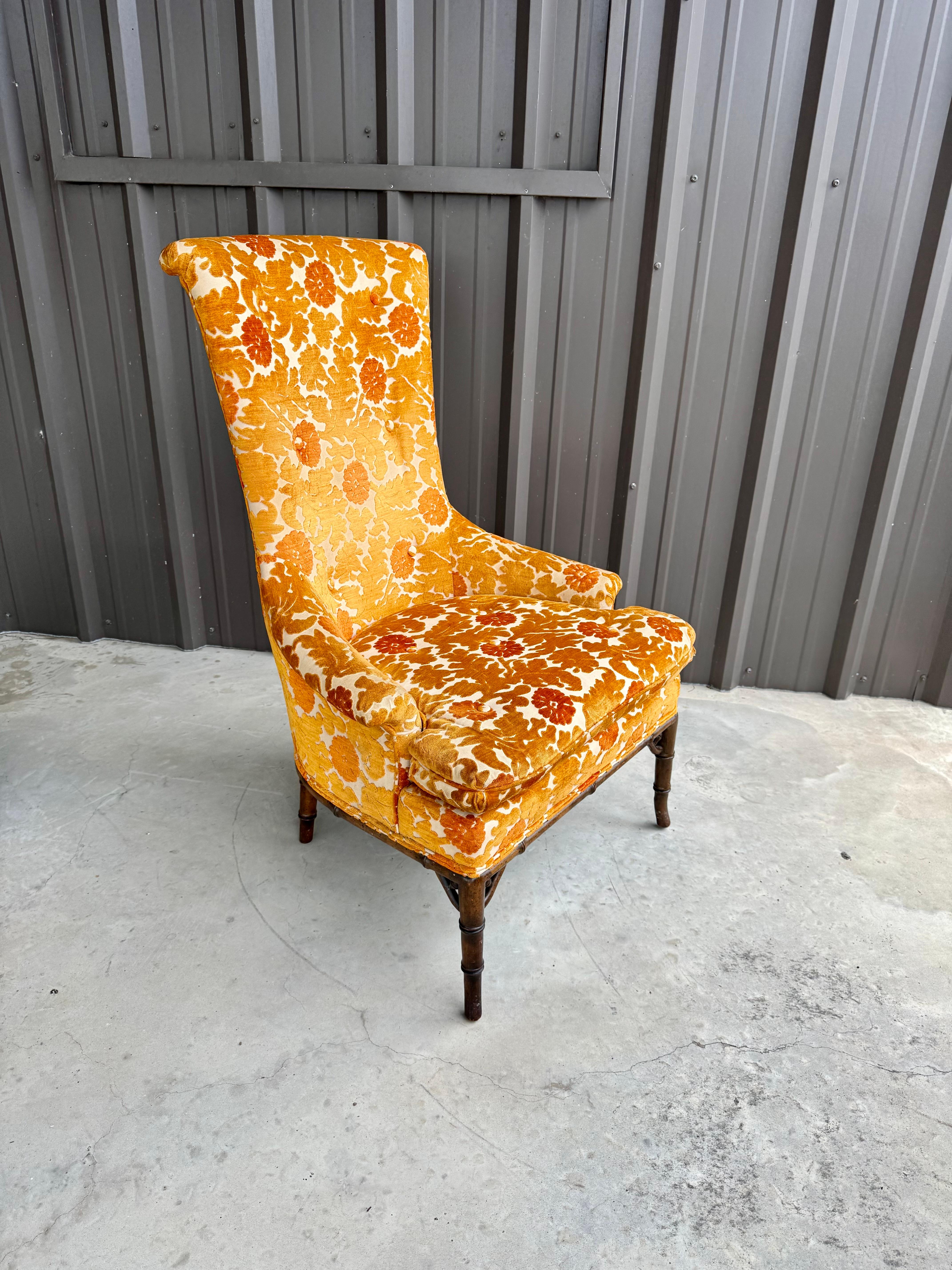 1970s Oak Faux Bamboo Orange Floral Velvet Tall Back Accent Lounge Arm Chair For Sale 8