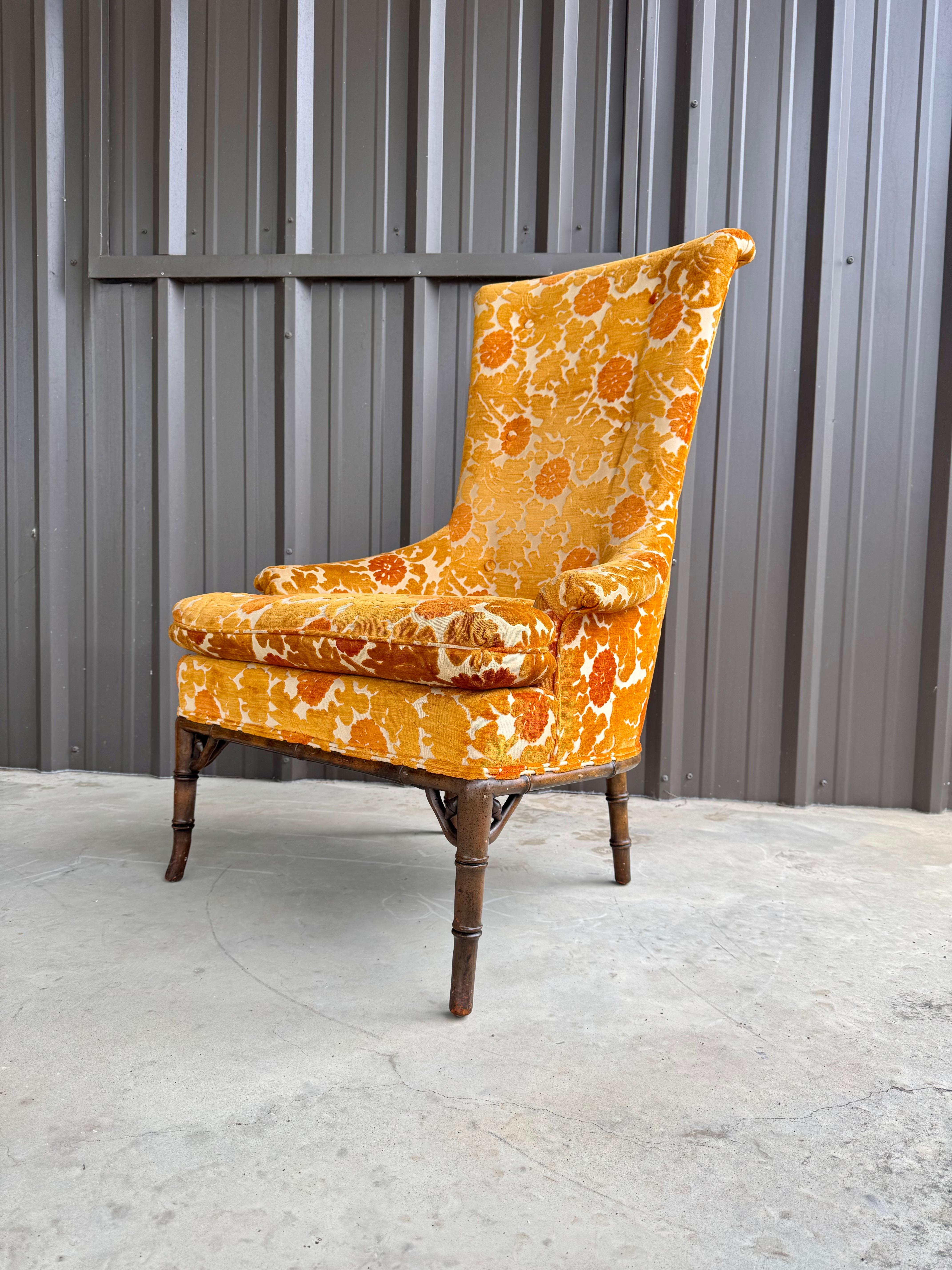 1970s Oak Faux Bamboo Orange Floral Velvet Tall Back Accent Lounge Arm Chair For Sale 13
