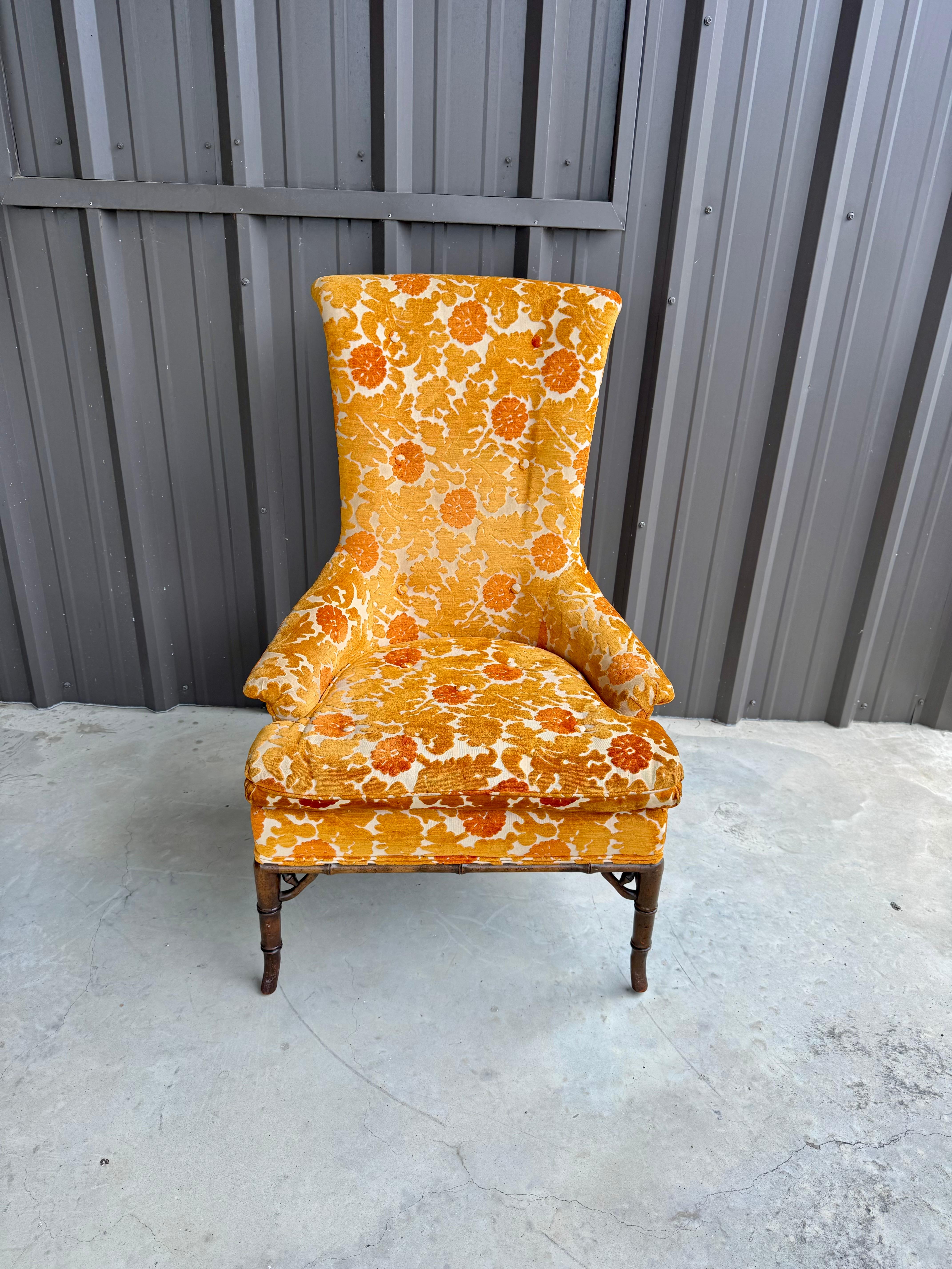 1970s Oak Faux Bamboo Orange Floral Velvet Tall Back Accent Lounge Arm Chair For Sale 14