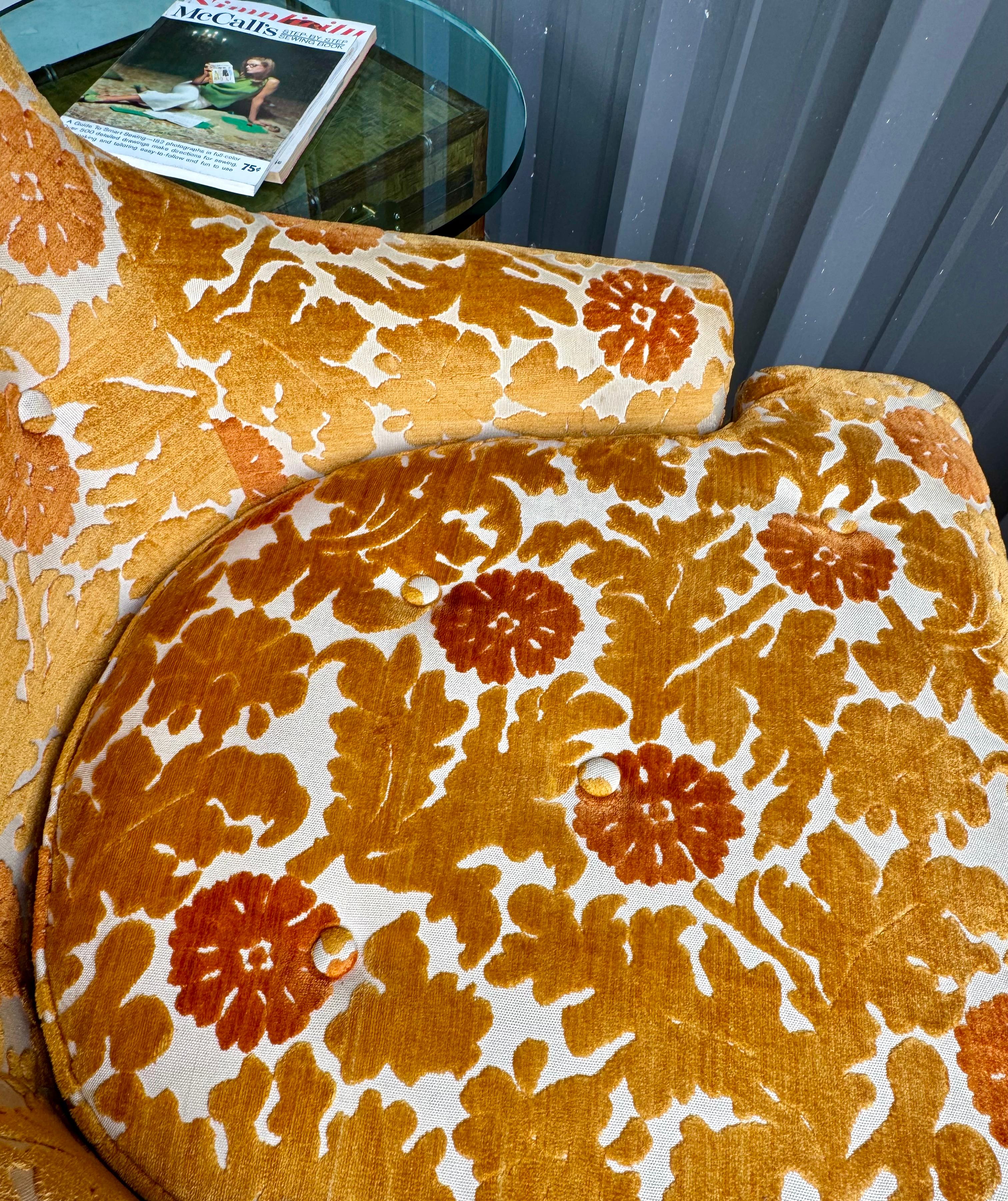 1970s Oak Faux Bamboo Orange Floral Velvet Tall Back Accent Lounge Arm Chair For Sale 17