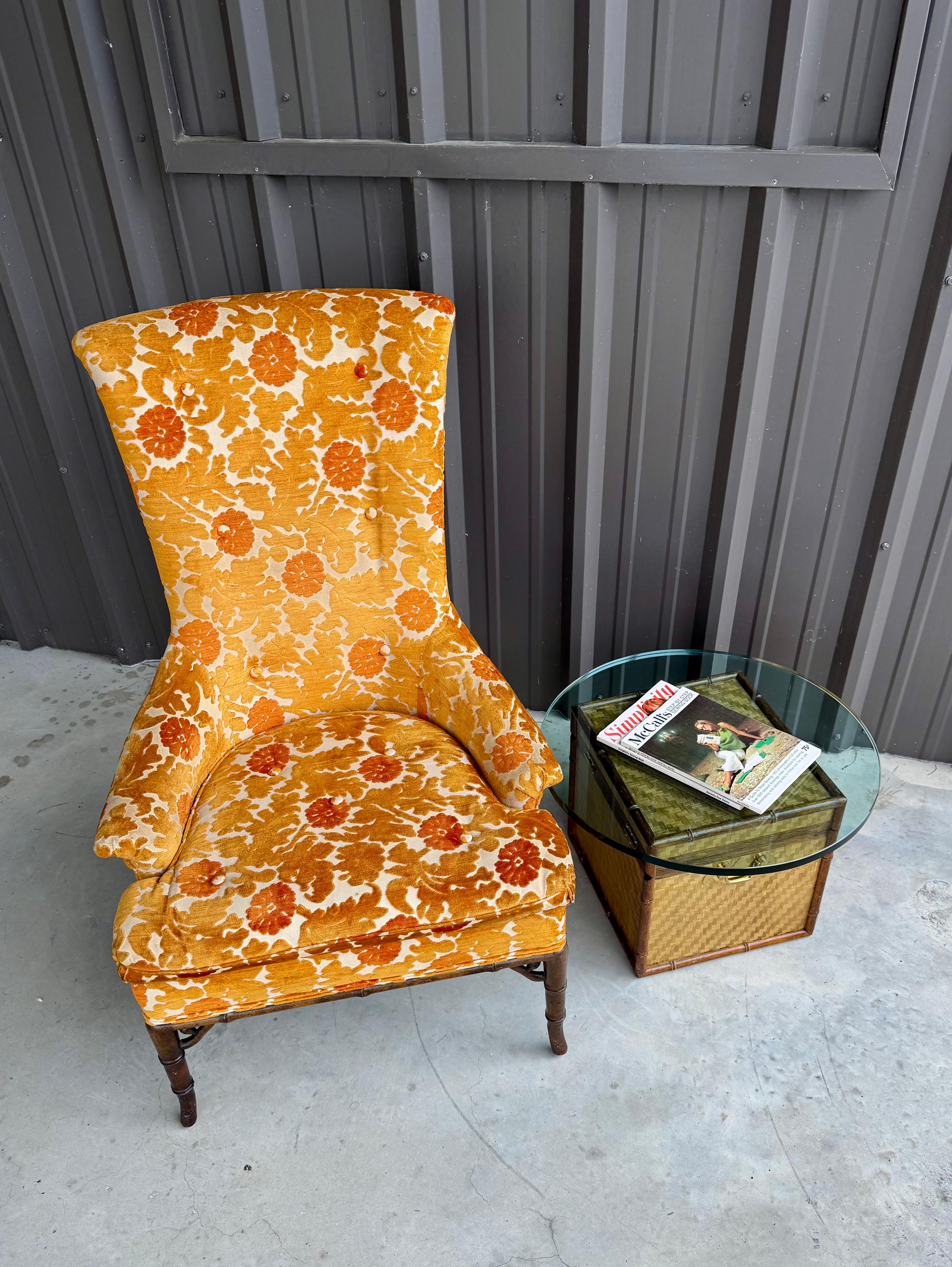 1970s Oak Faux Bamboo Orange Floral Velvet Tall Back Accent Lounge Arm Chair For Sale 19