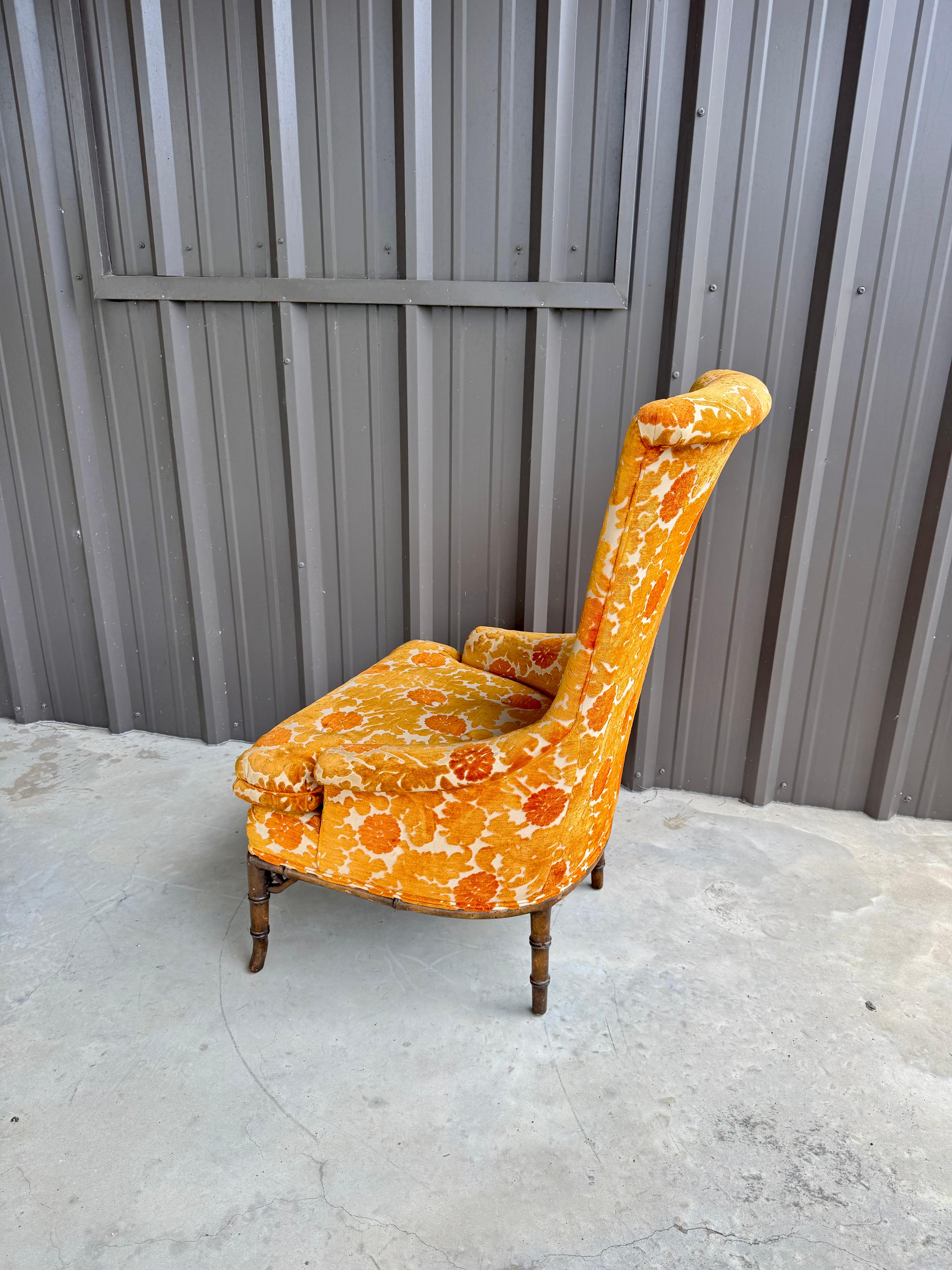 American 1970s Oak Faux Bamboo Orange Floral Velvet Tall Back Accent Lounge Arm Chair For Sale