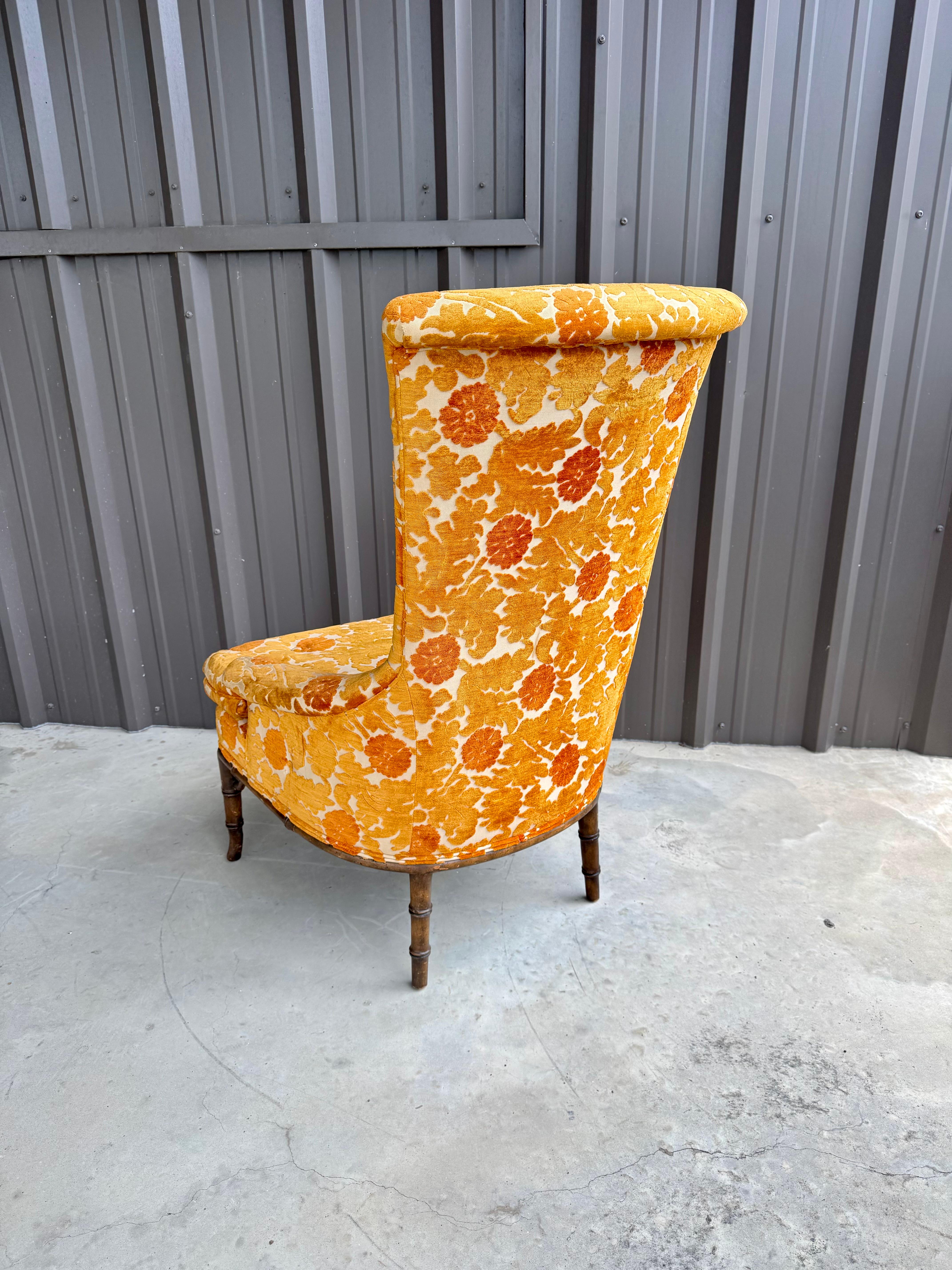 Lacquered 1970s Oak Faux Bamboo Orange Floral Velvet Tall Back Accent Lounge Arm Chair For Sale