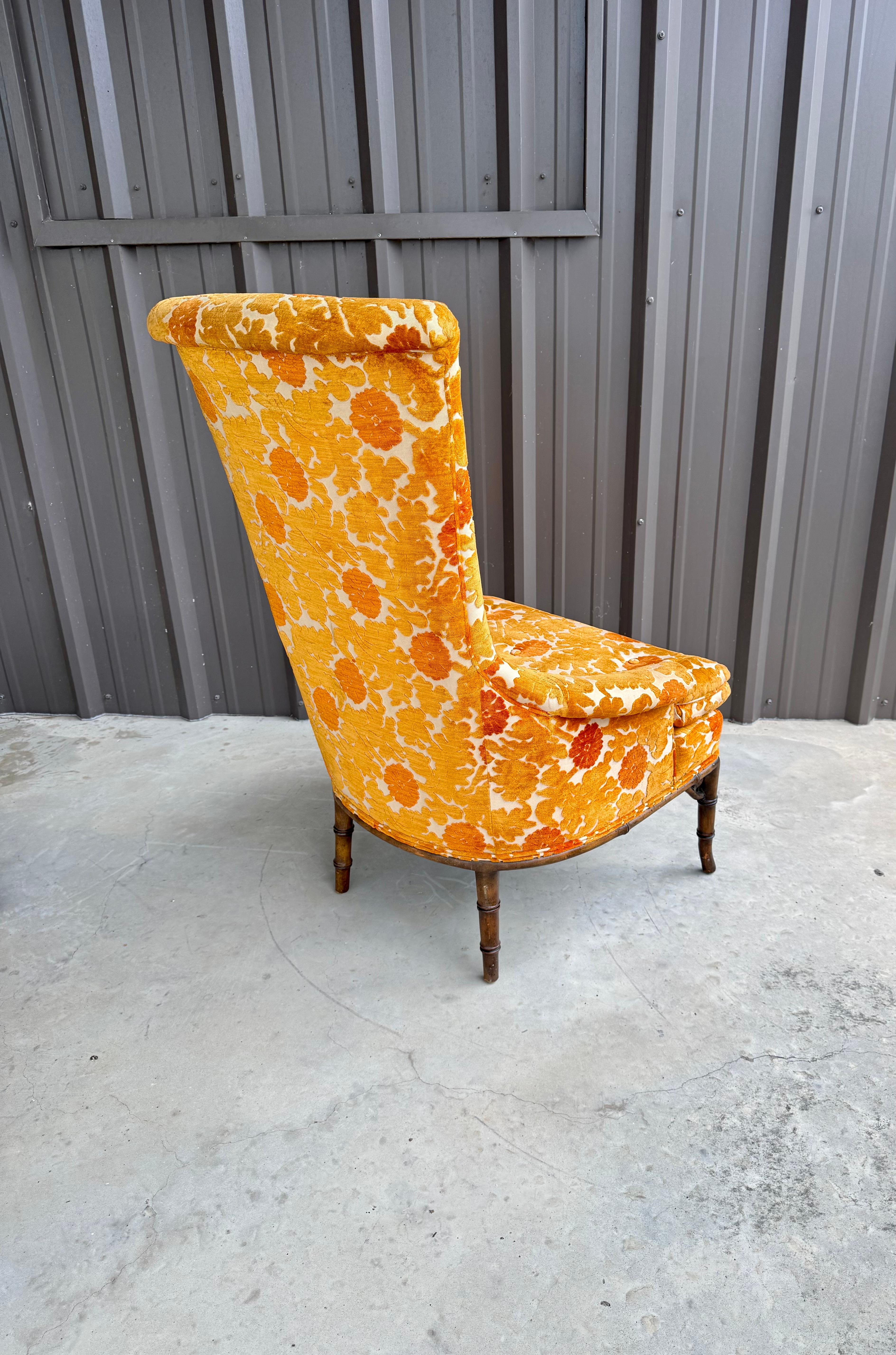 1970s Oak Faux Bamboo Orange Floral Velvet Tall Back Accent Lounge Arm Chair In Good Condition For Sale In Stafford, TX
