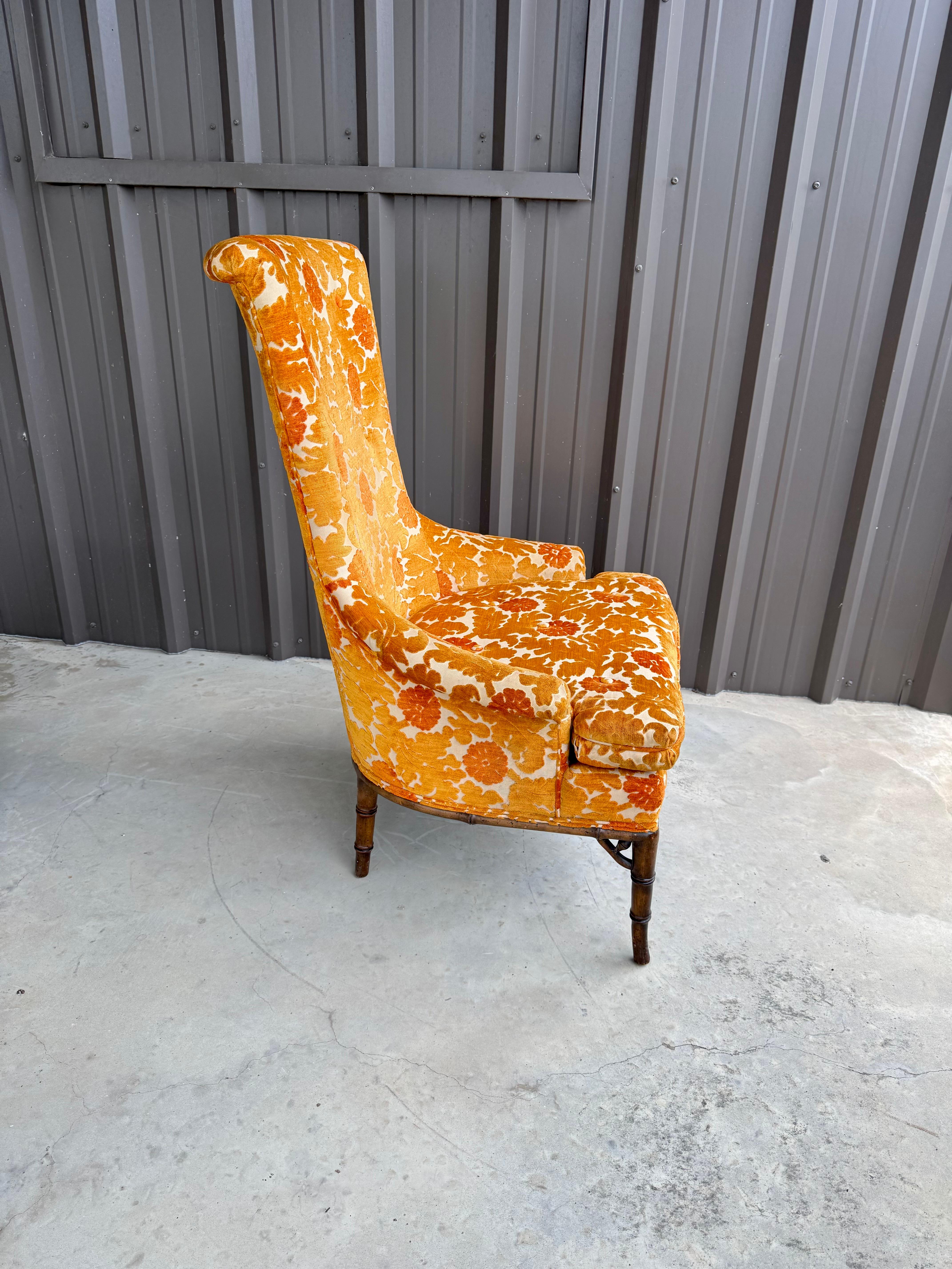 Late 20th Century 1970s Oak Faux Bamboo Orange Floral Velvet Tall Back Accent Lounge Arm Chair For Sale