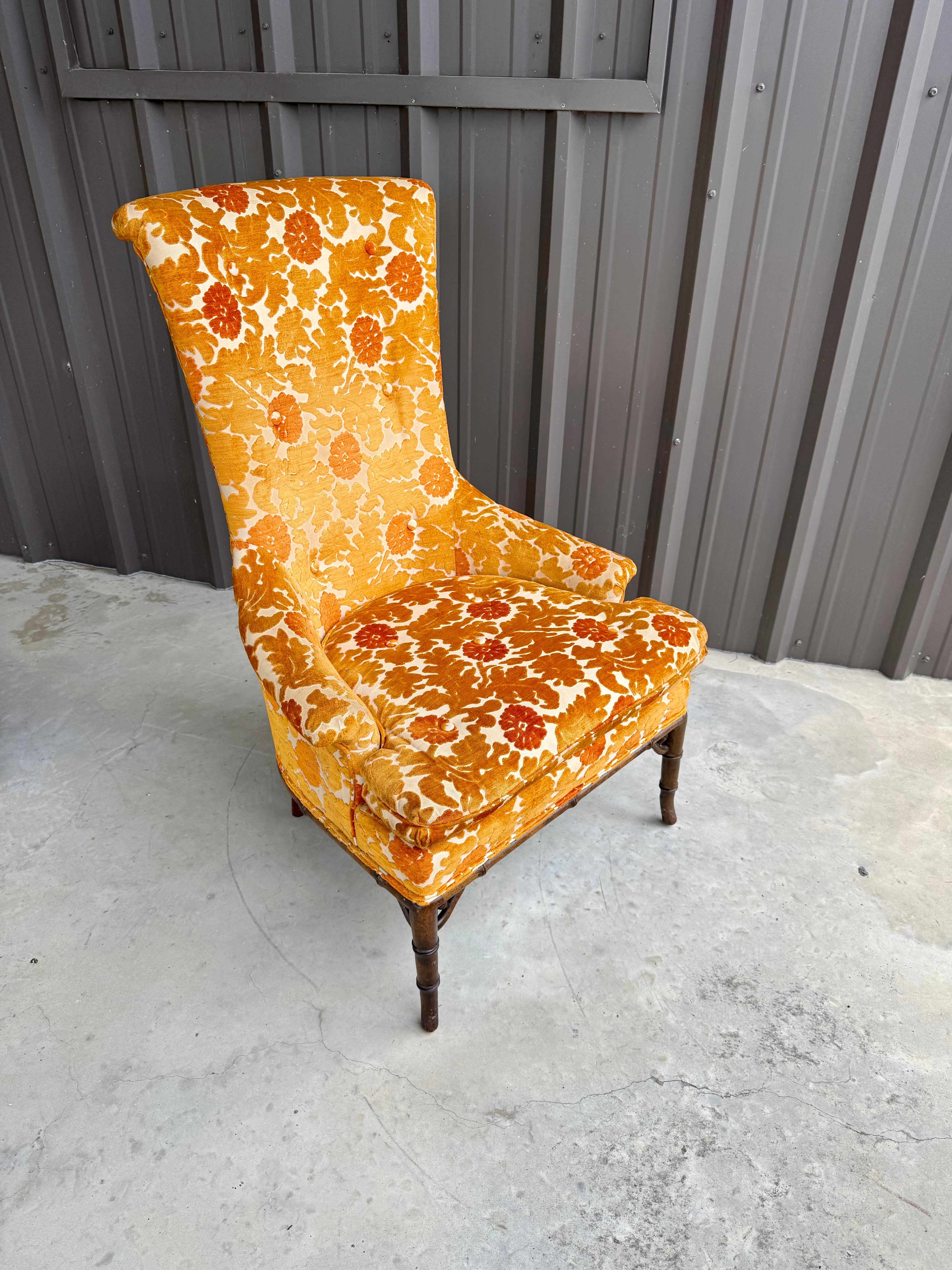 1970s Oak Faux Bamboo Orange Floral Velvet Tall Back Accent Lounge Arm Chair For Sale 1
