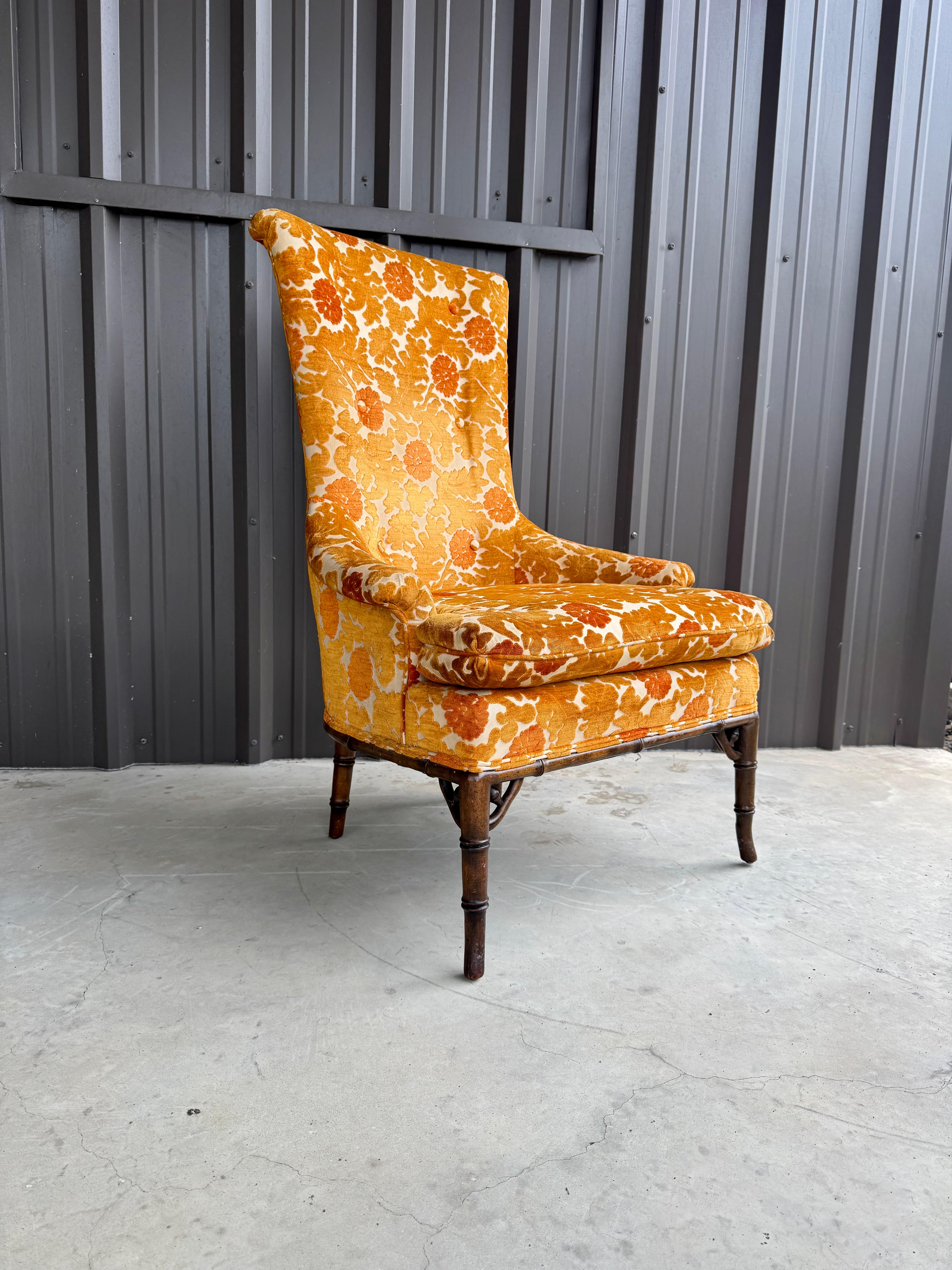1970s Oak Faux Bamboo Orange Floral Velvet Tall Back Accent Lounge Arm Chair For Sale 2