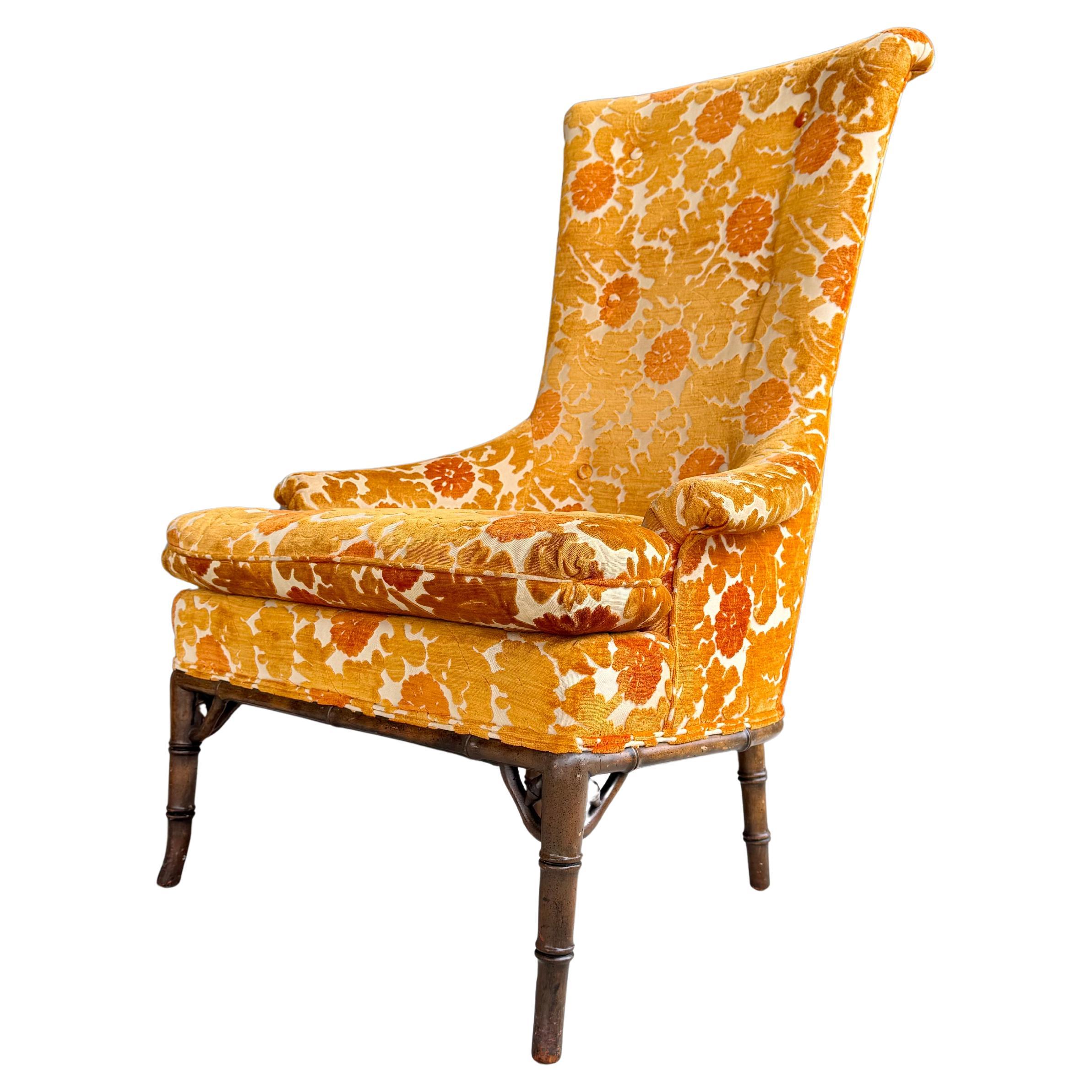 1970s Oak Faux Bamboo Orange Floral Velvet Tall Back Accent Lounge Arm Chair