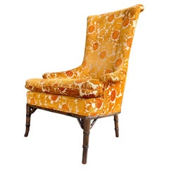 1970s Oak Faux Bamboo Orange Floral Velvet Tall Back Accent Lounge Arm Chair