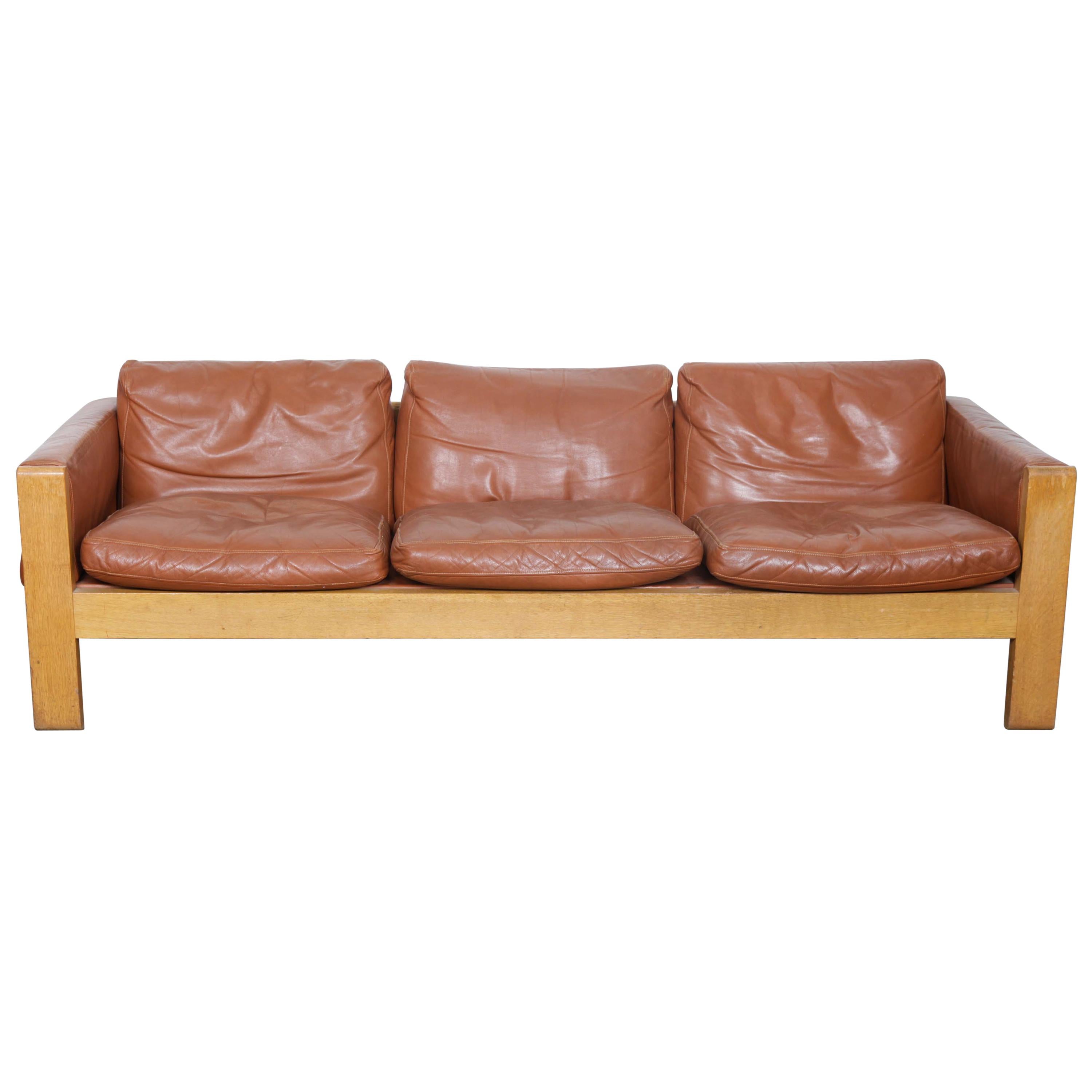 1970s Oak Framed Cognac Leather Sofa by OPE, Sweden