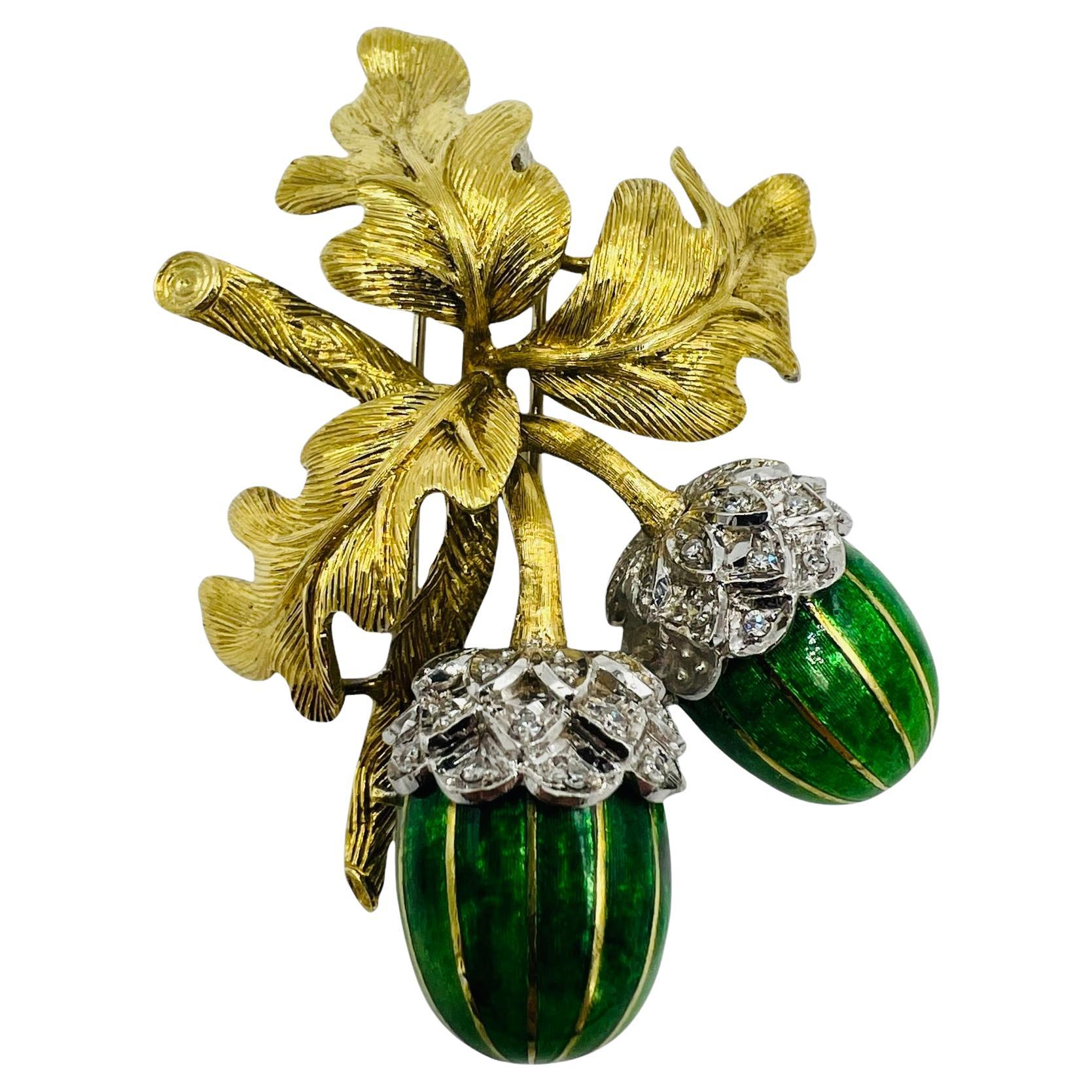 1970s Oak Leaves And Enameled Acorns 18k Yellow Gold Brooch