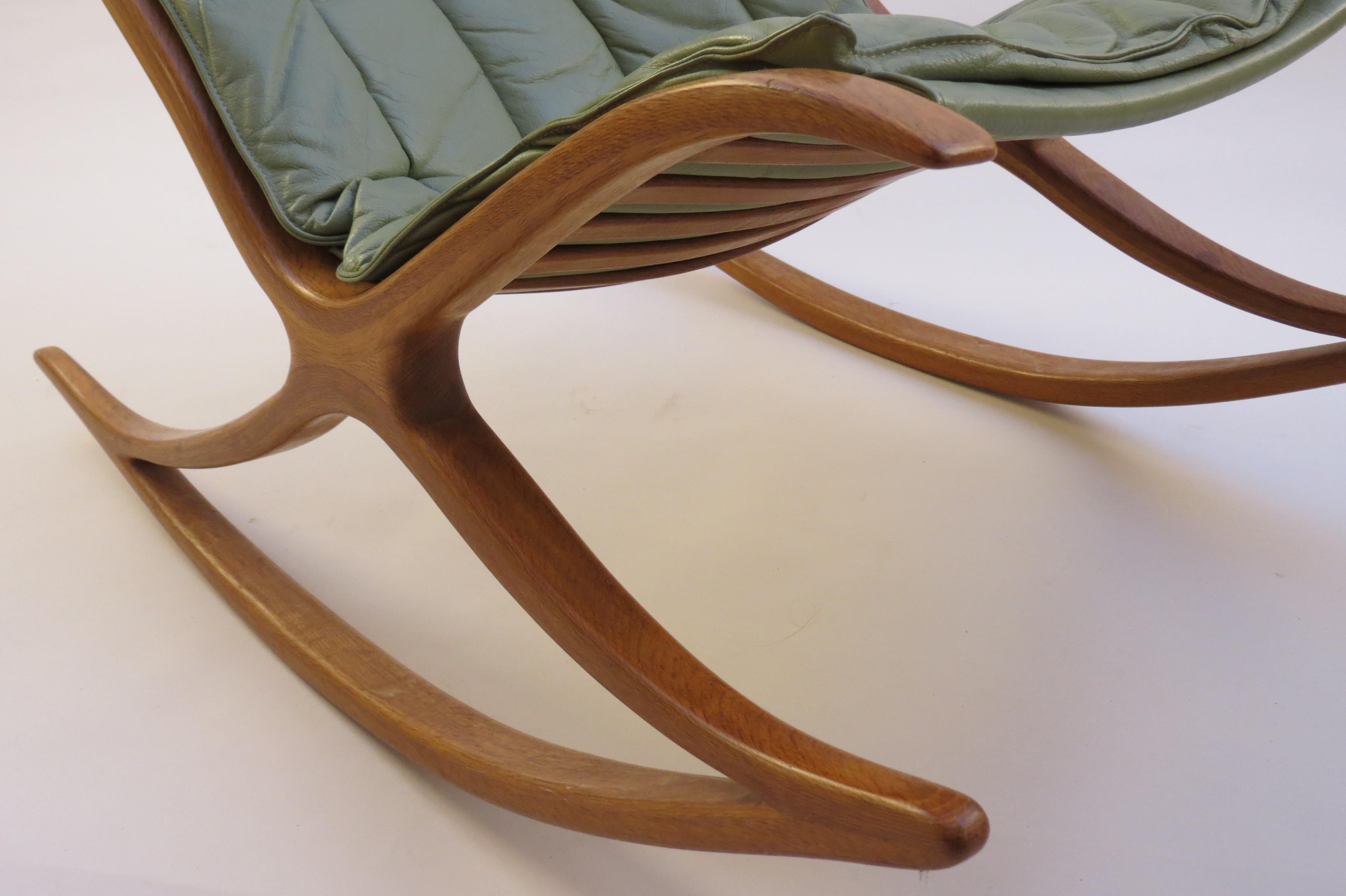 Leather 1970s Oak Wishbone Hand produced Sculptural Rocking Chair by Robin Williams UK