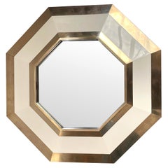 1970s Octagonal Brass and Ivory Lacquer Mirror by Jean Claude Mahey