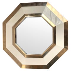 Vintage 1970s Octagonal Brass and Ivory Lacquer Mirror by Jean Claude Mahey