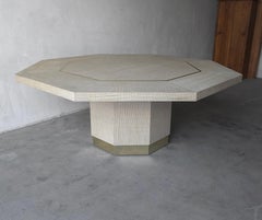 1970s Octagonal Grasscloth Dining Table with Brass Inlay - 8 Person