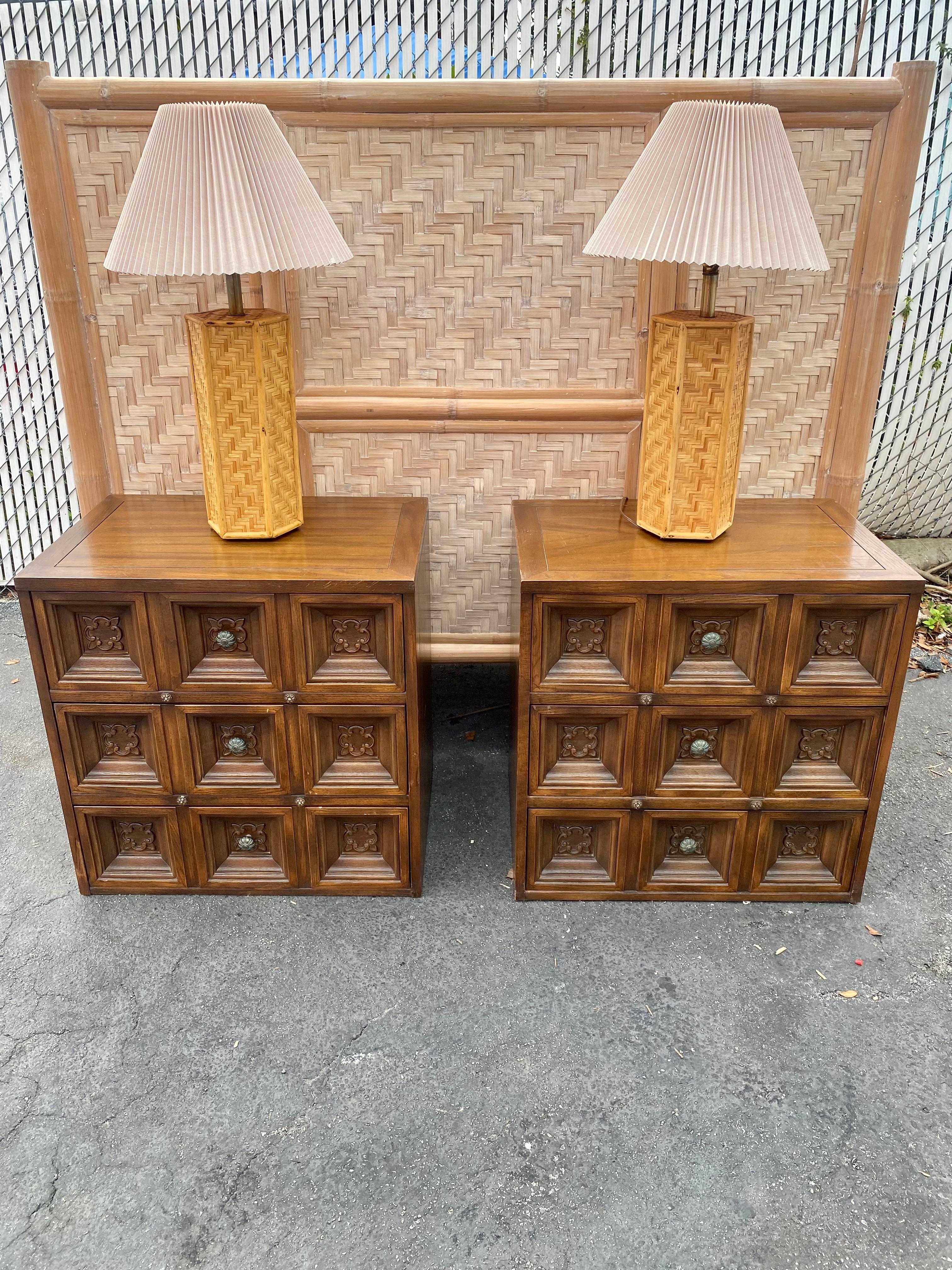 Mid-Century Modern 1970s Octagonal Rattan Weave Table Lamps, Set of 2 For Sale