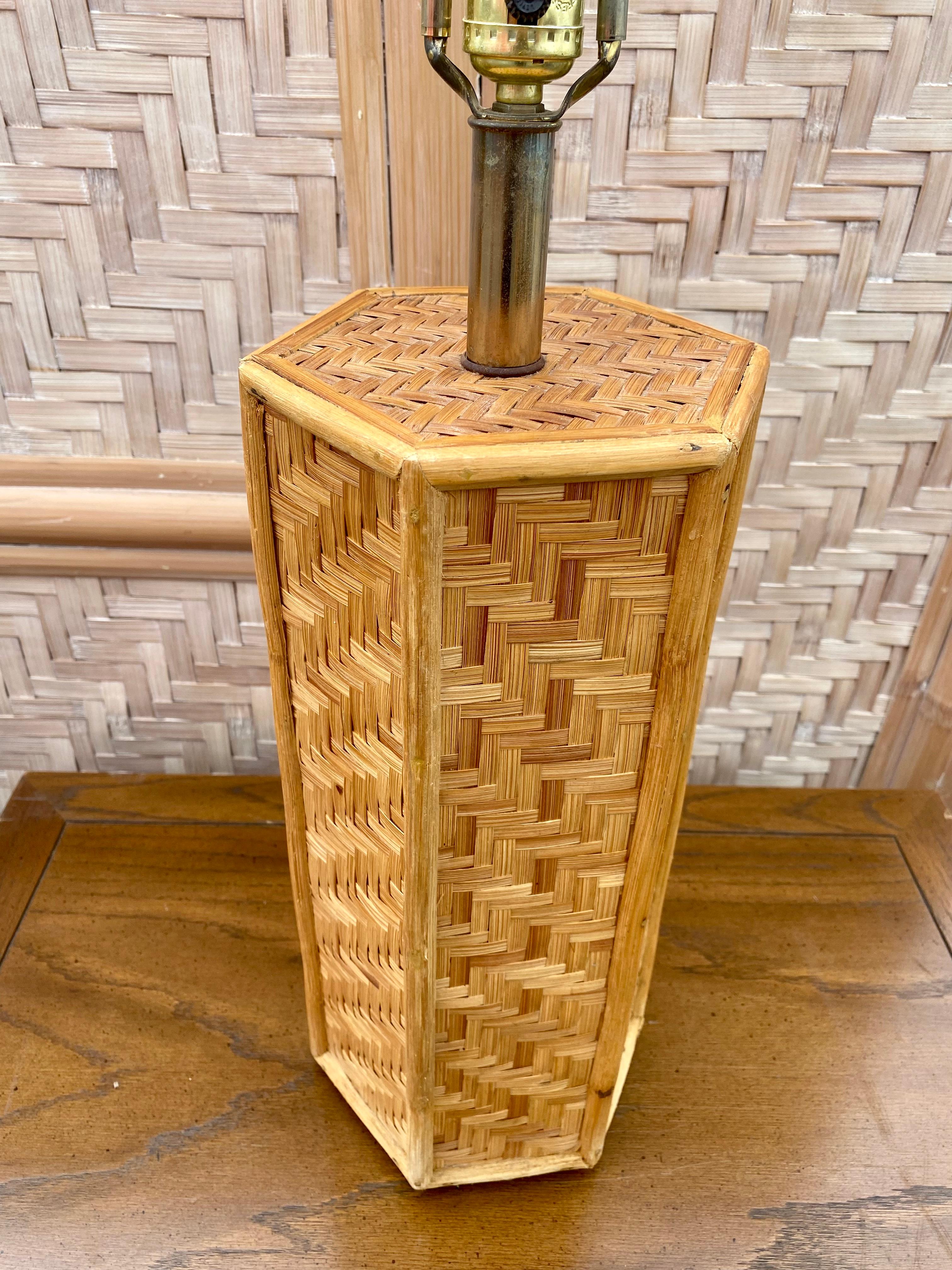 Late 20th Century 1970s Octagonal Rattan Weave Table Lamps, Set of 2 For Sale