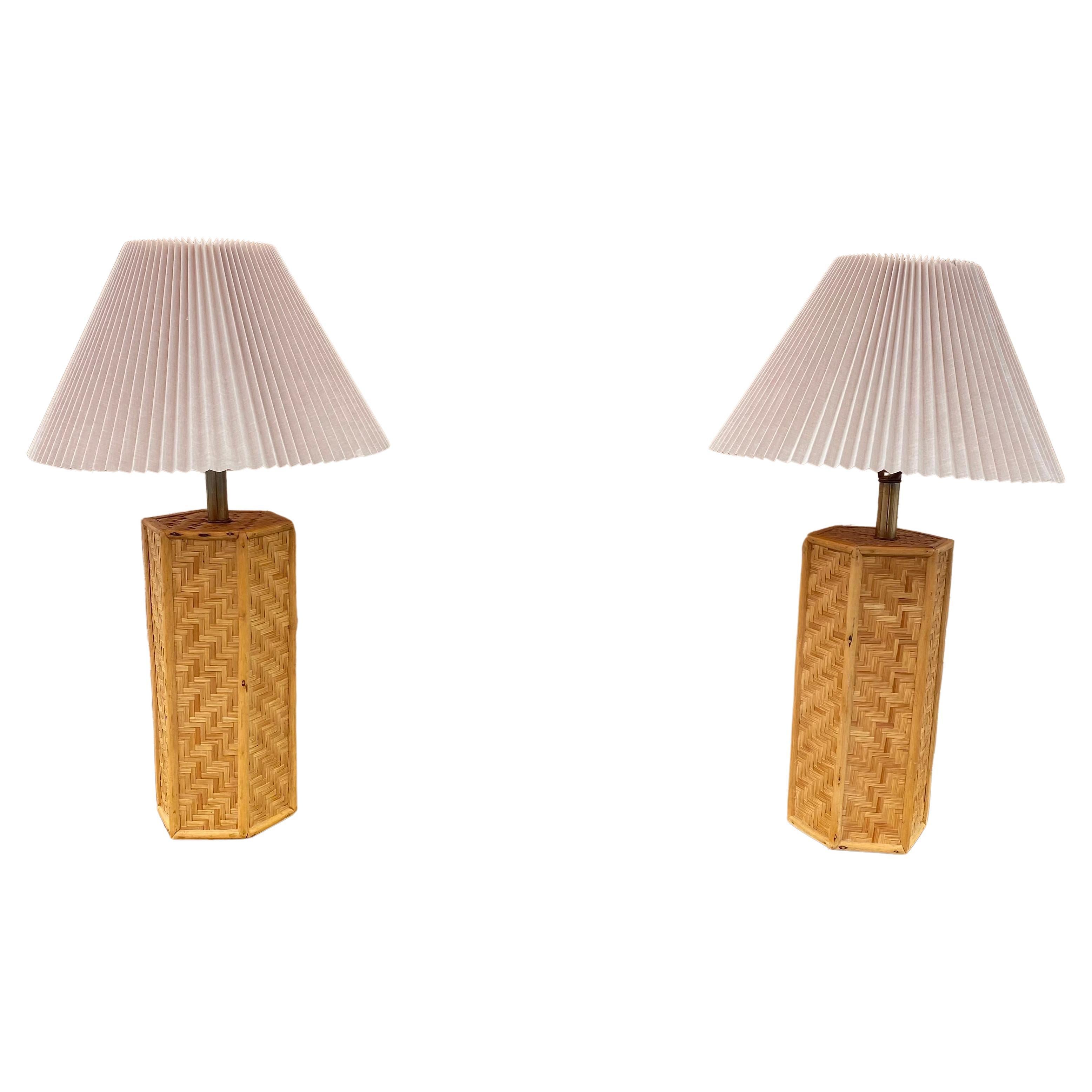 1970s Octagonal Rattan Weave Table Lamps, Set of 2 For Sale