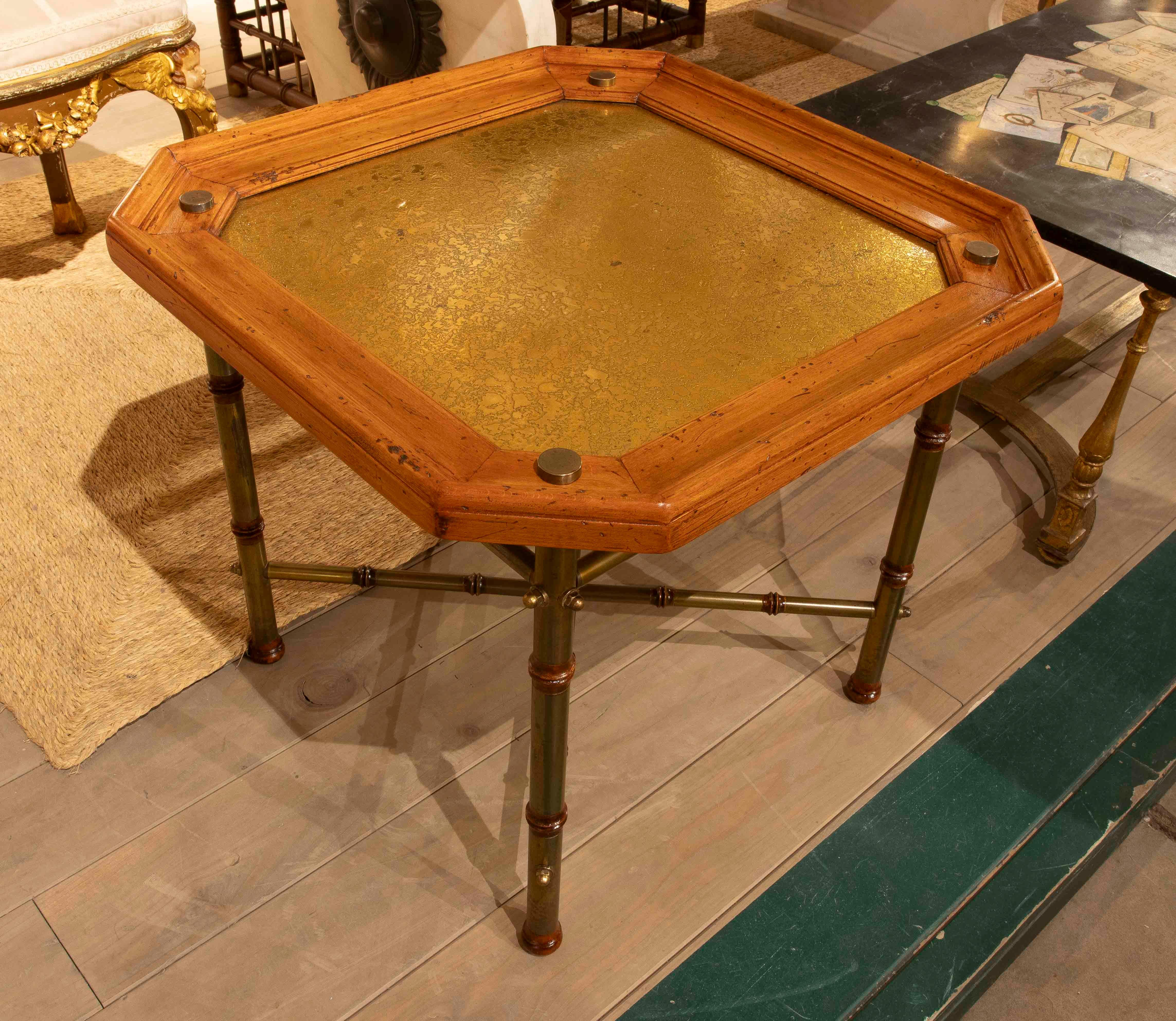 Spanish 1970s Octagonal Side Table with Brass Bamboo Legs For Sale