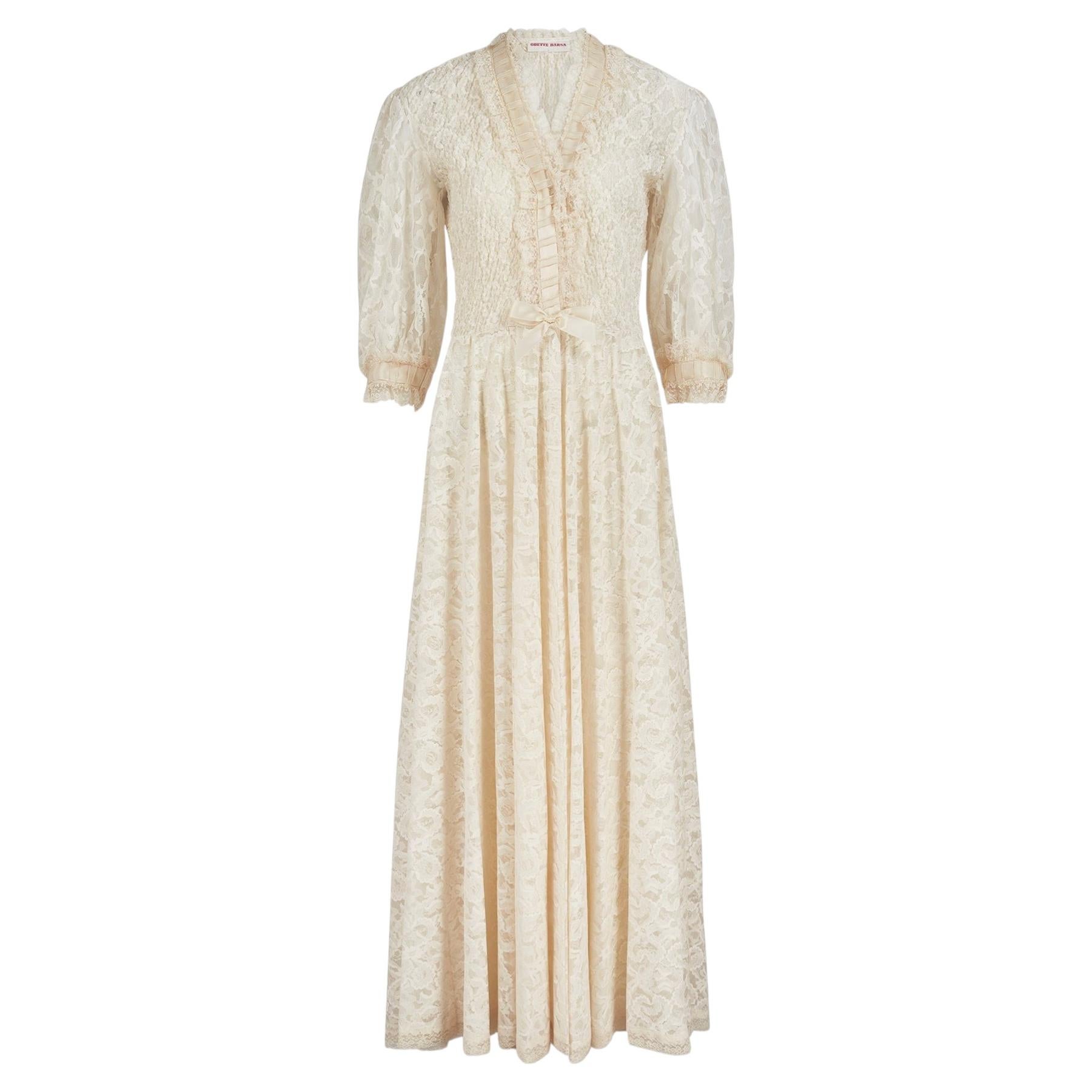 1970s Odette Barsa Cream Slip Dress with Lace and Ribbon Overlay Coat