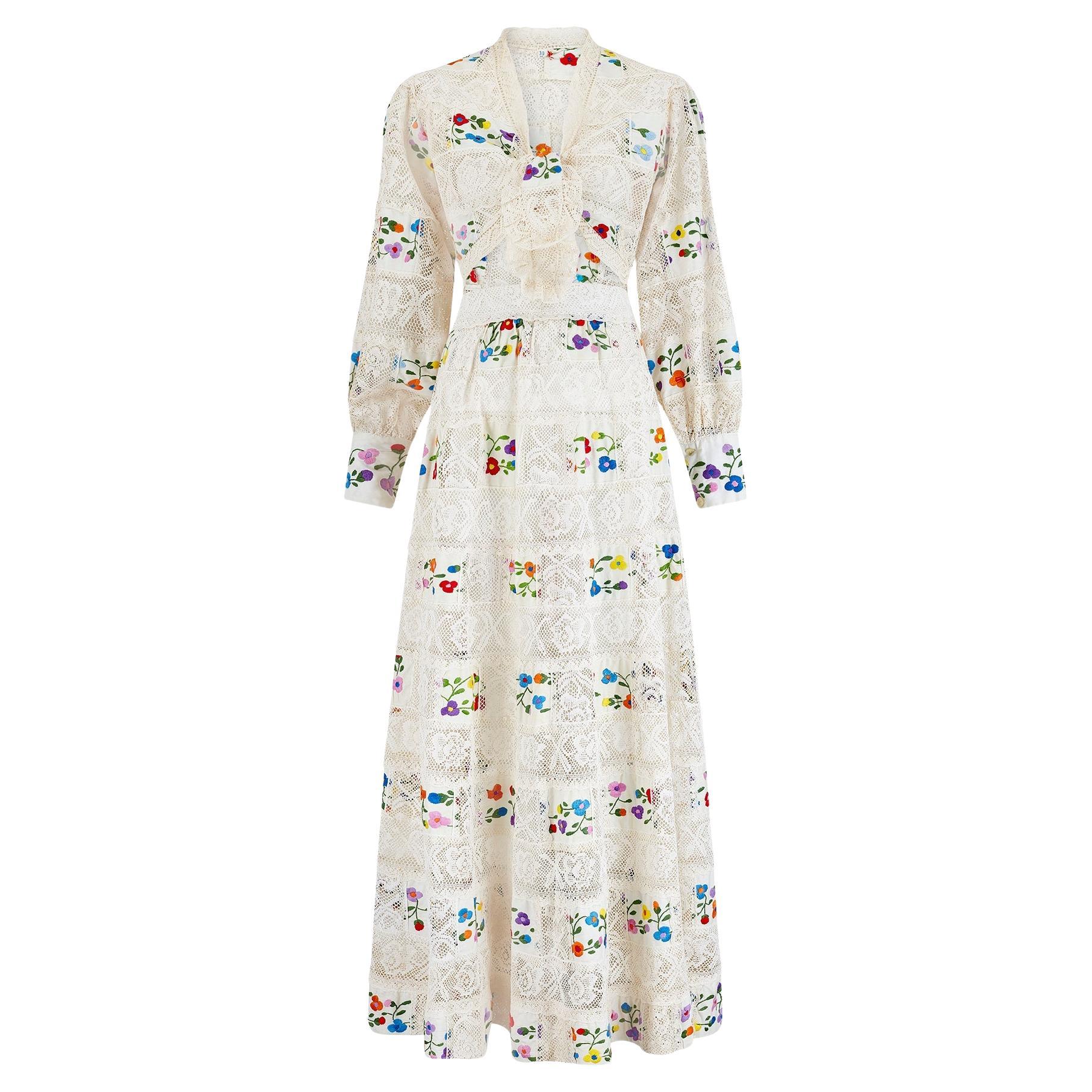 1970s Off-White Floral Embroidered Crochet Wrap Top and Maxi-Skirt
