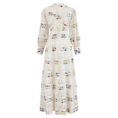 1970s Off-White Floral Embroidered Crochet Wrap Top and Maxi-Skirt