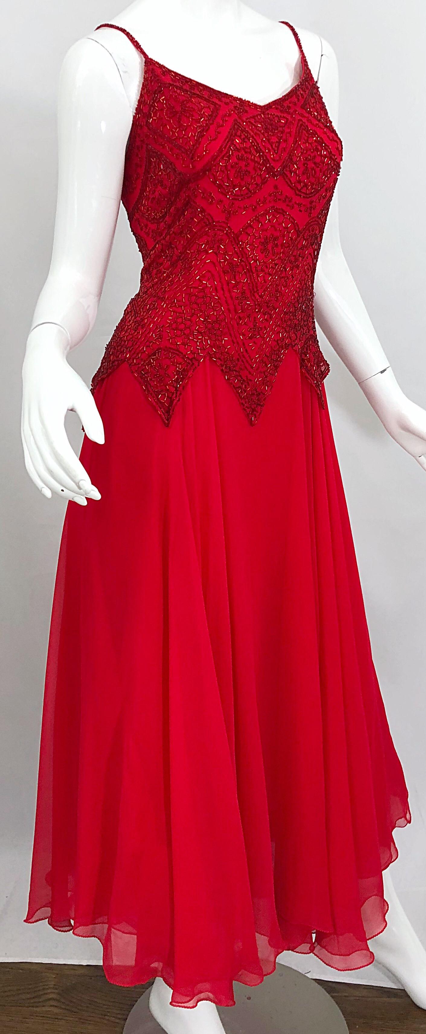 1990s Oleg Cassini Size 10 Red Silk Chiffon Beaded Handkerchief Midi Dress 5