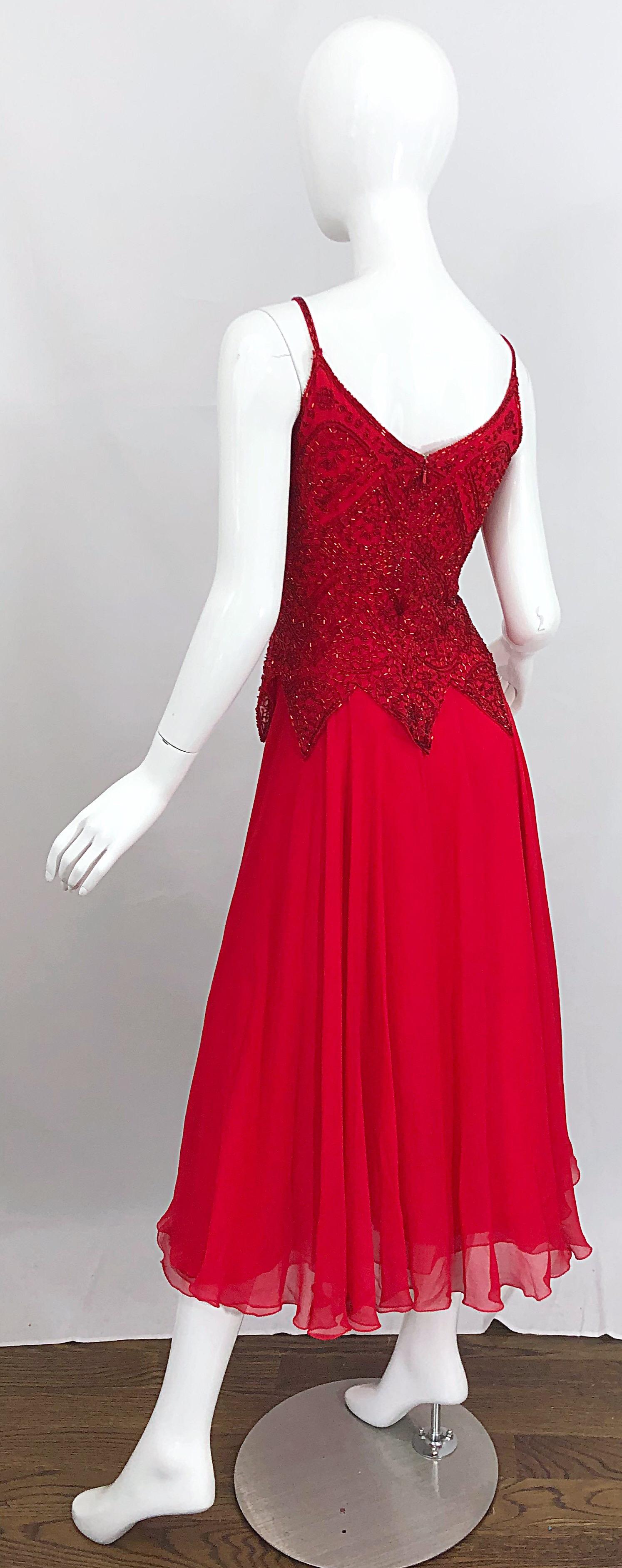 1990s Oleg Cassini Size 10 Red Silk Chiffon Beaded Handkerchief Midi Dress 6