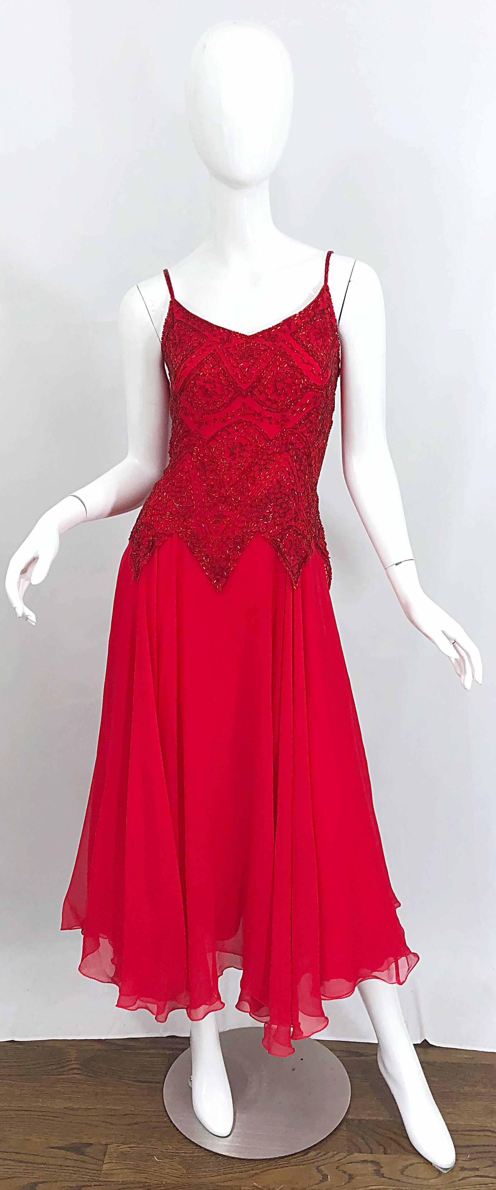 1990s Oleg Cassini Size 10 Red Silk Chiffon Beaded Handkerchief Midi Dress 7