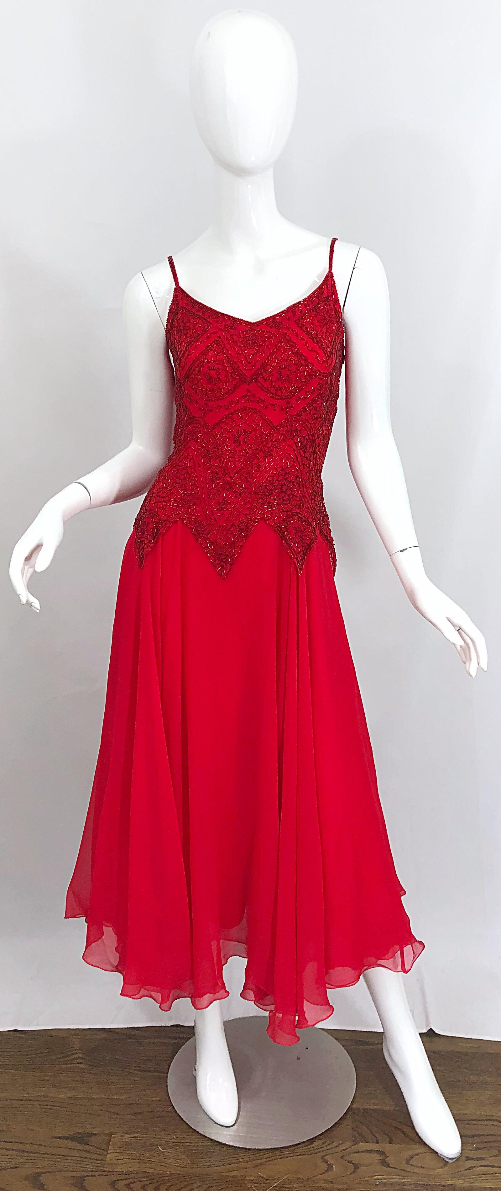 Beautiful vintage 90s OLEG CASSINI lipstick red silk chiffon beaded handkerchief hem Size 10 / 12 midi dress / gown ! Features hundreds of hand-sewn red beads on the bodice. Asymmetrical hem that slightly dips on the back hem. Multiple layers of