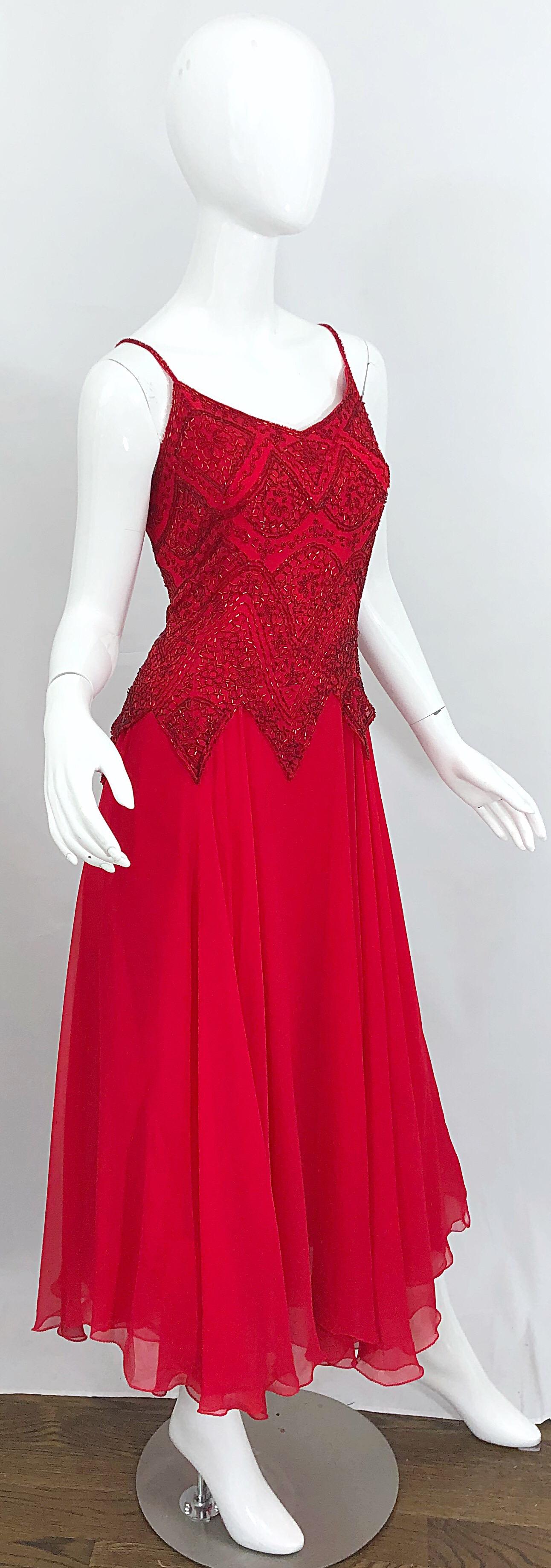 1990s Oleg Cassini Size 10 Red Silk Chiffon Beaded Handkerchief Midi Dress In Excellent Condition In San Diego, CA