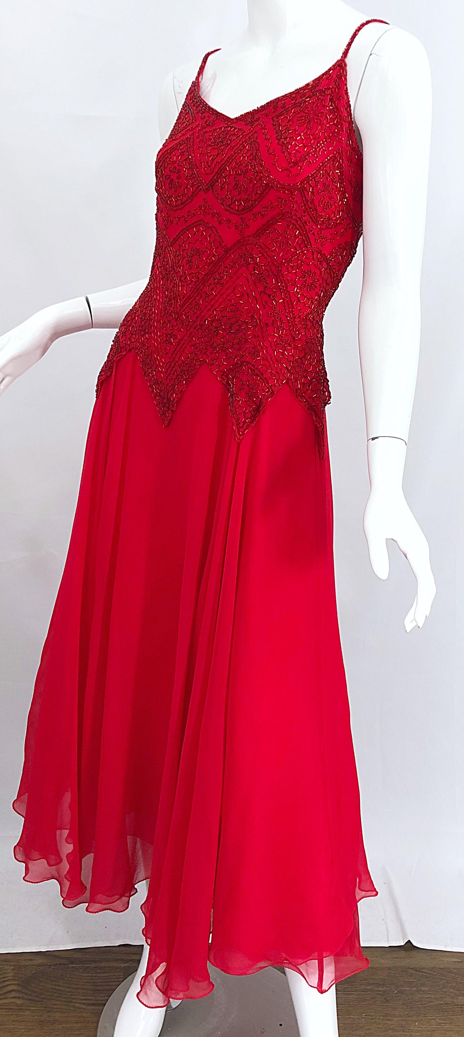 Women's 1990s Oleg Cassini Size 10 Red Silk Chiffon Beaded Handkerchief Midi Dress