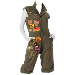 1970S  Olive Green Cotton Men's Military Jumpsuit With Vintage Patches