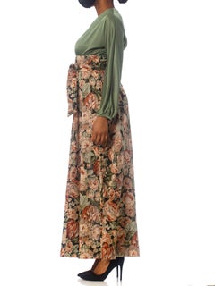 1970S Olive Green Floral Polyester Maxi Dress With Sleeves