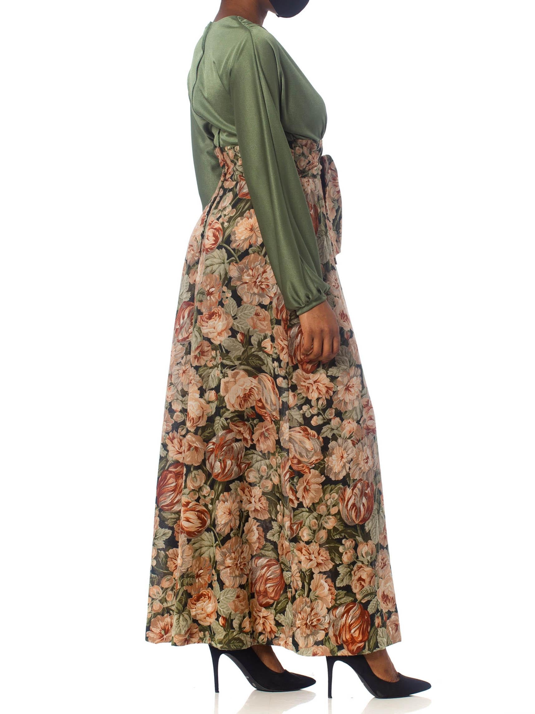Brown 1970S Olive Green Floral Polyester Maxi Dress With Sleeves For Sale