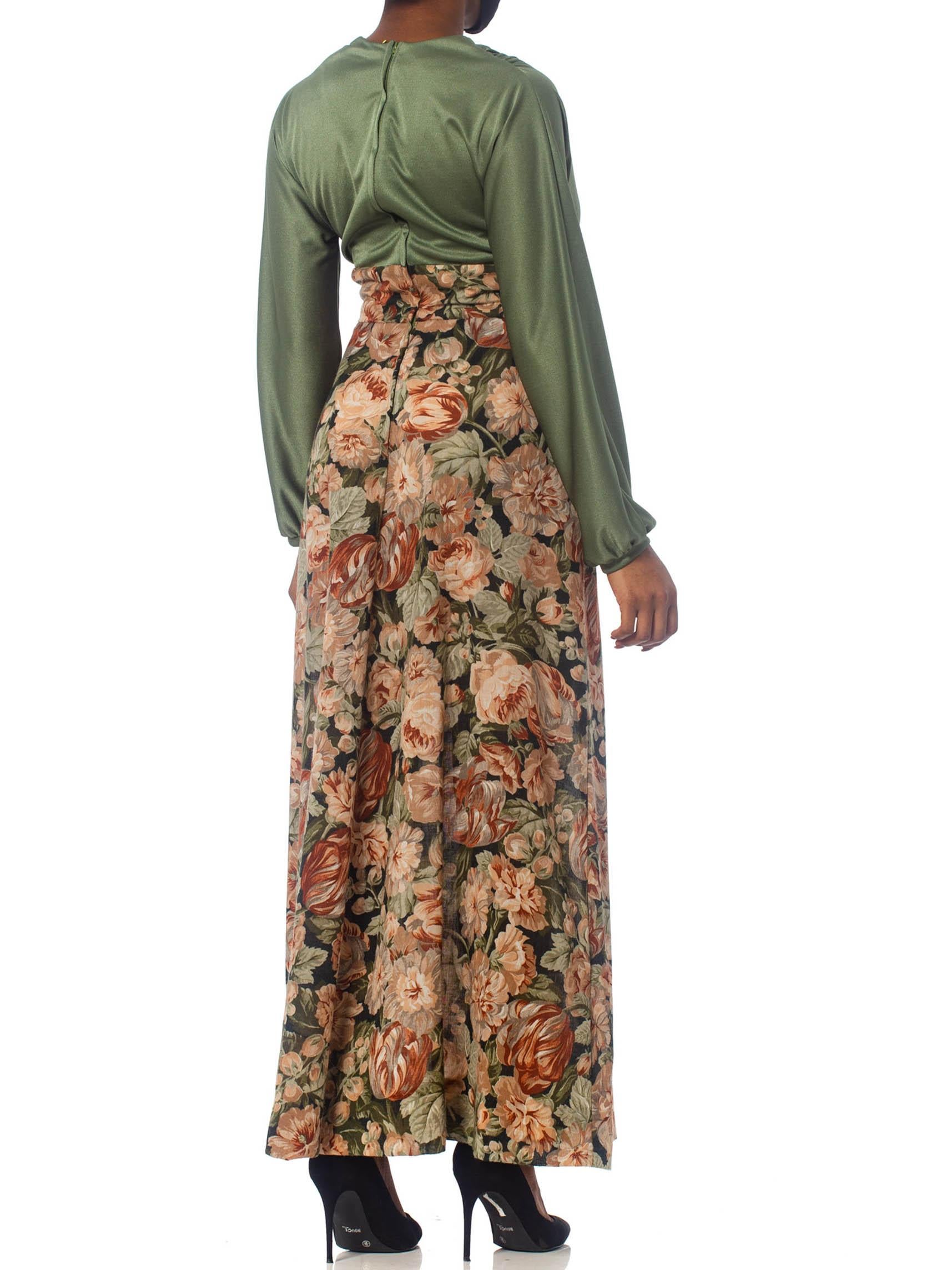Women's 1970S Olive Green Floral Polyester Maxi Dress With Sleeves For Sale