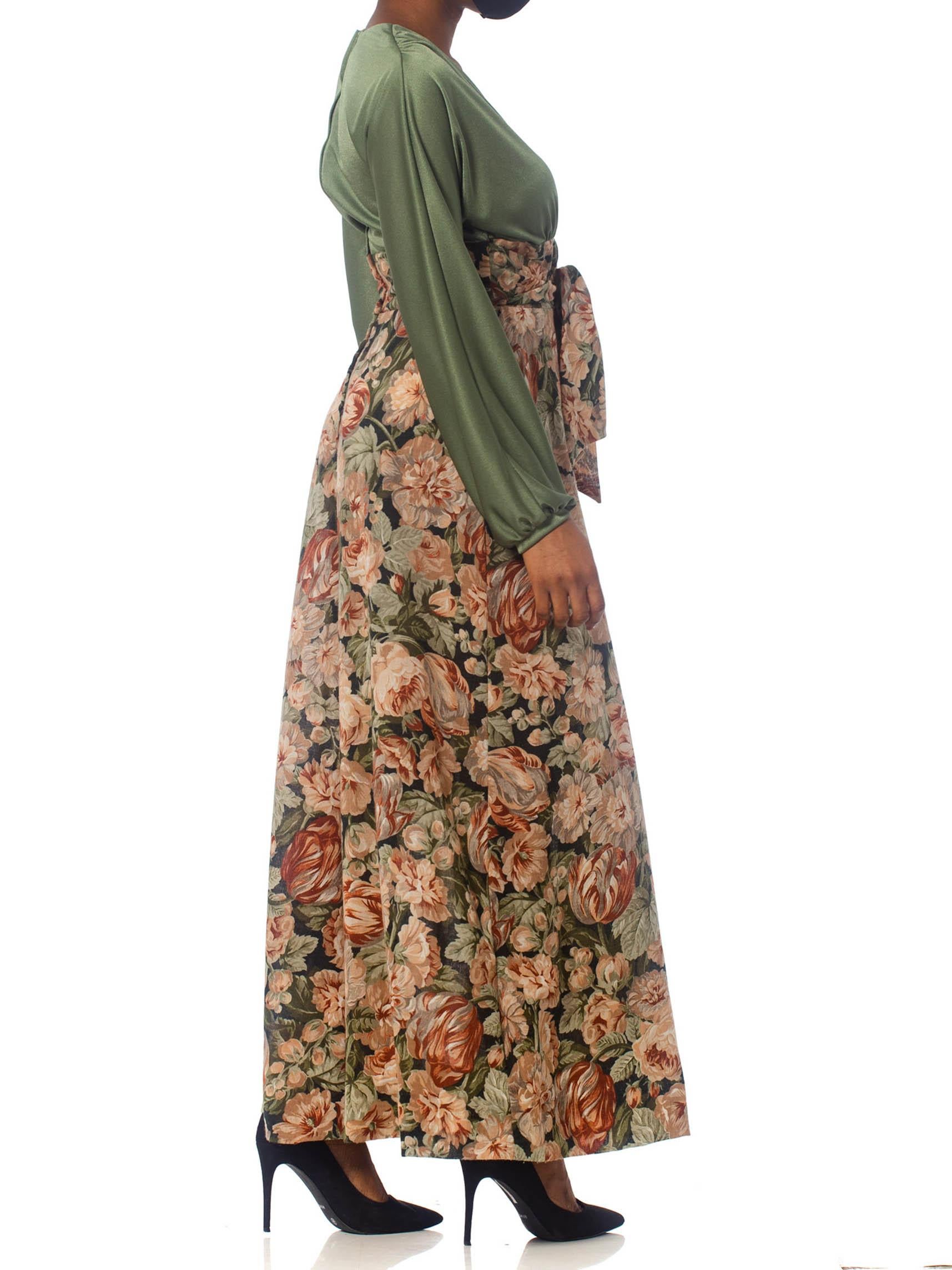 1970S Olive Green Floral Polyester Maxi Dress With Sleeves For Sale 1