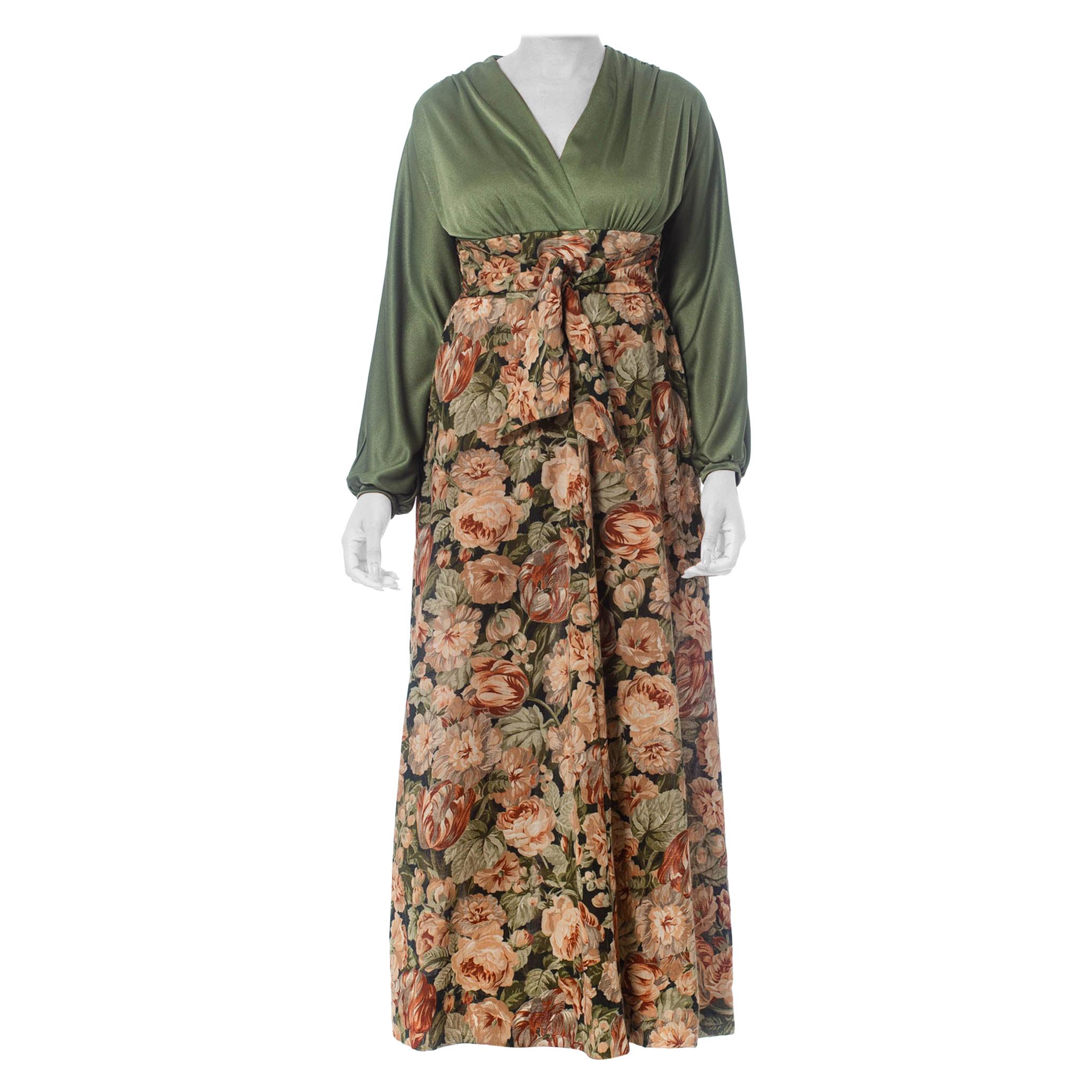 1970S Olive Green Floral Polyester Maxi Dress With Sleeves For Sale
