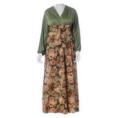 Used 1970S Olive Green Floral Polyester Maxi Dress With Sleeves