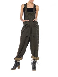 1970S Olive Green Poly/Cotton Sateen Men's Utility Overalls With Side Zippers