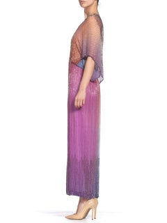 1970S HALSTON Style Pink & Purple Silk Chiffon Ombre Tie-Dyed Gown Covered In B