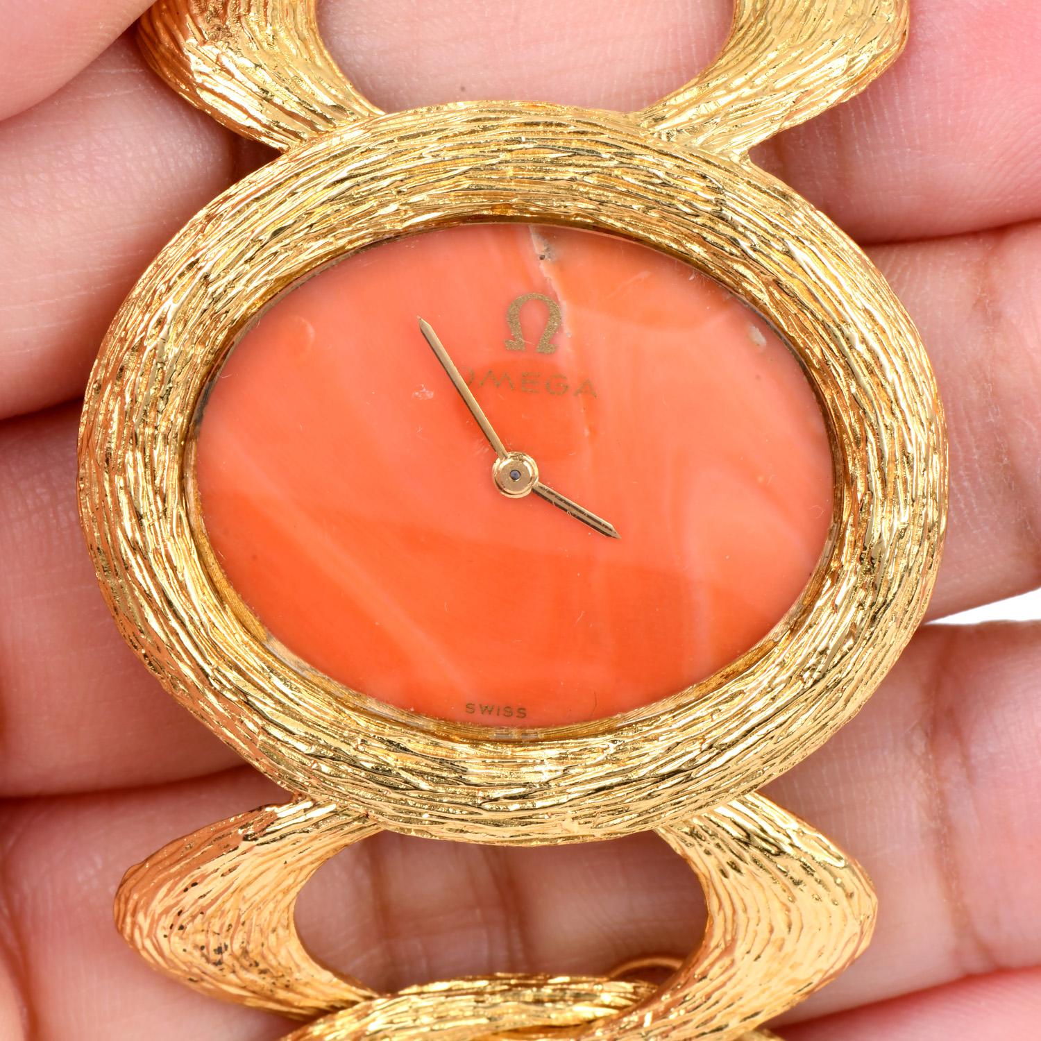 Women's 1970s Omega Coral Roy King 18K Textured Link Watch  For Sale