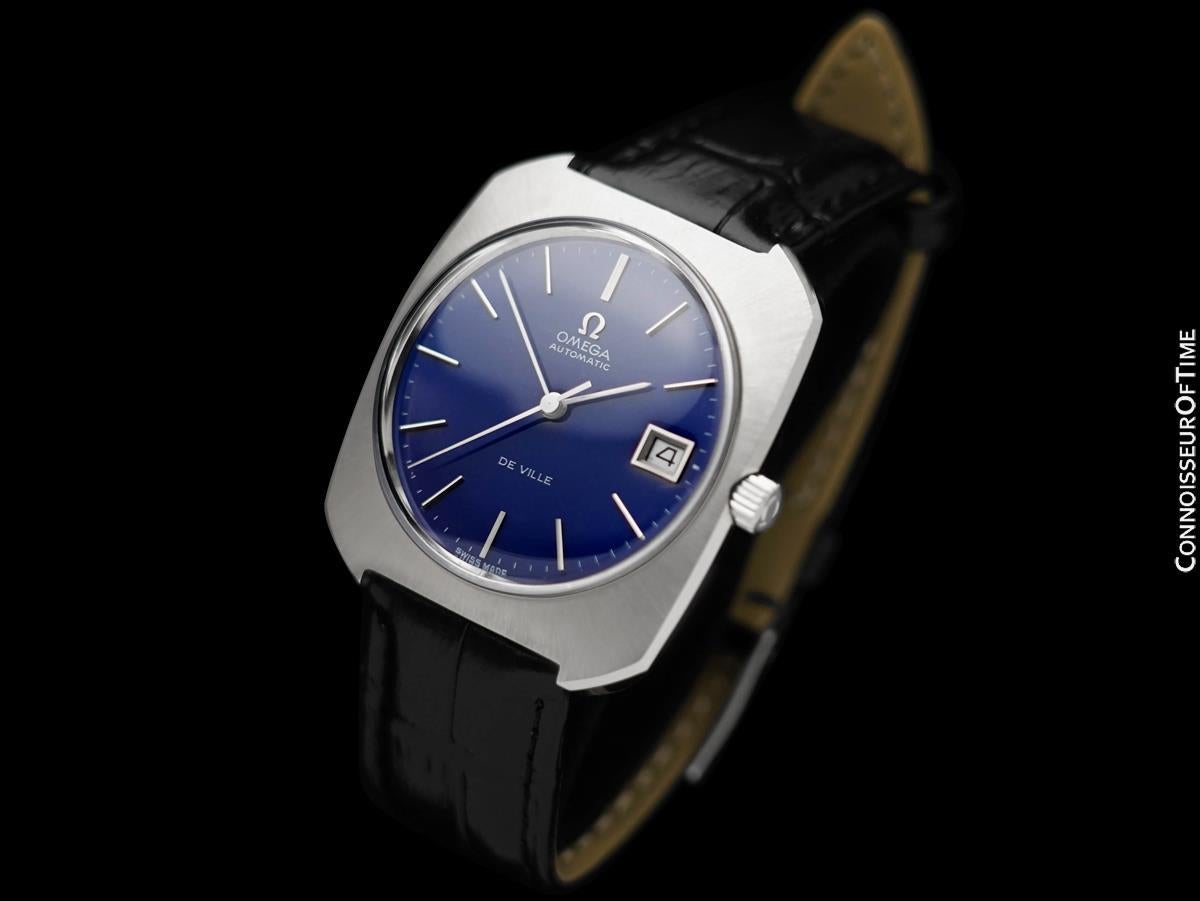 1970's Omega De Ville Mens Large Retro Dress with Navy Blue Dial - SS In Excellent Condition For Sale In Suwanee, GA