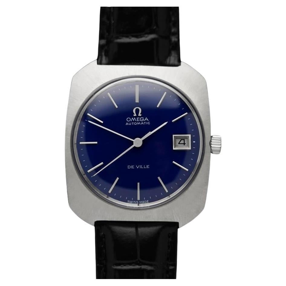 1970's Omega De Ville Mens Large Retro Dress with Navy Blue Dial - SS For Sale